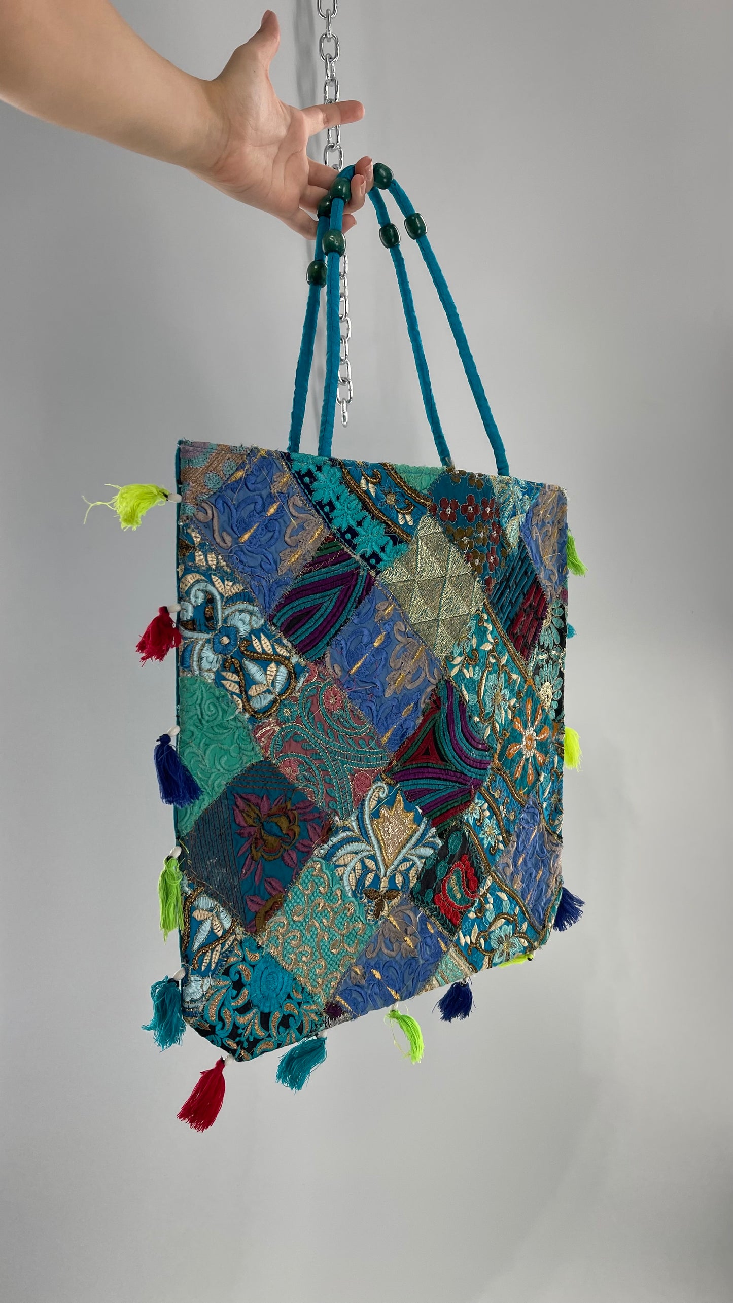 Imported Blue Patchwork Tote from Brazil with Tassel Detailing