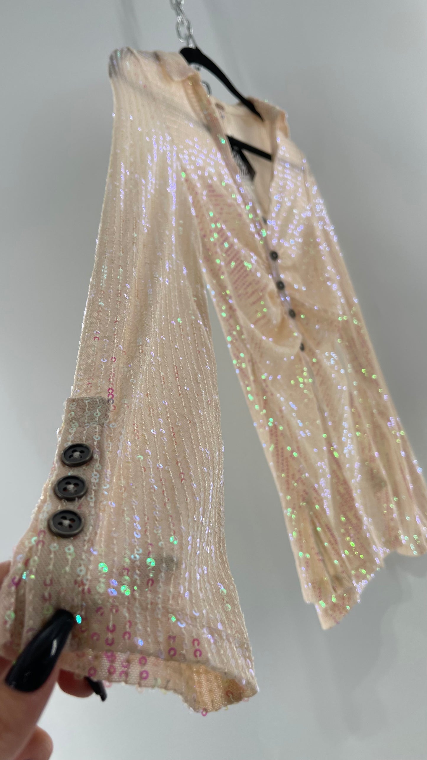 Free People Iridescent Sequined Button Front Ruched Bust Blouse with Tags Attached (Small)