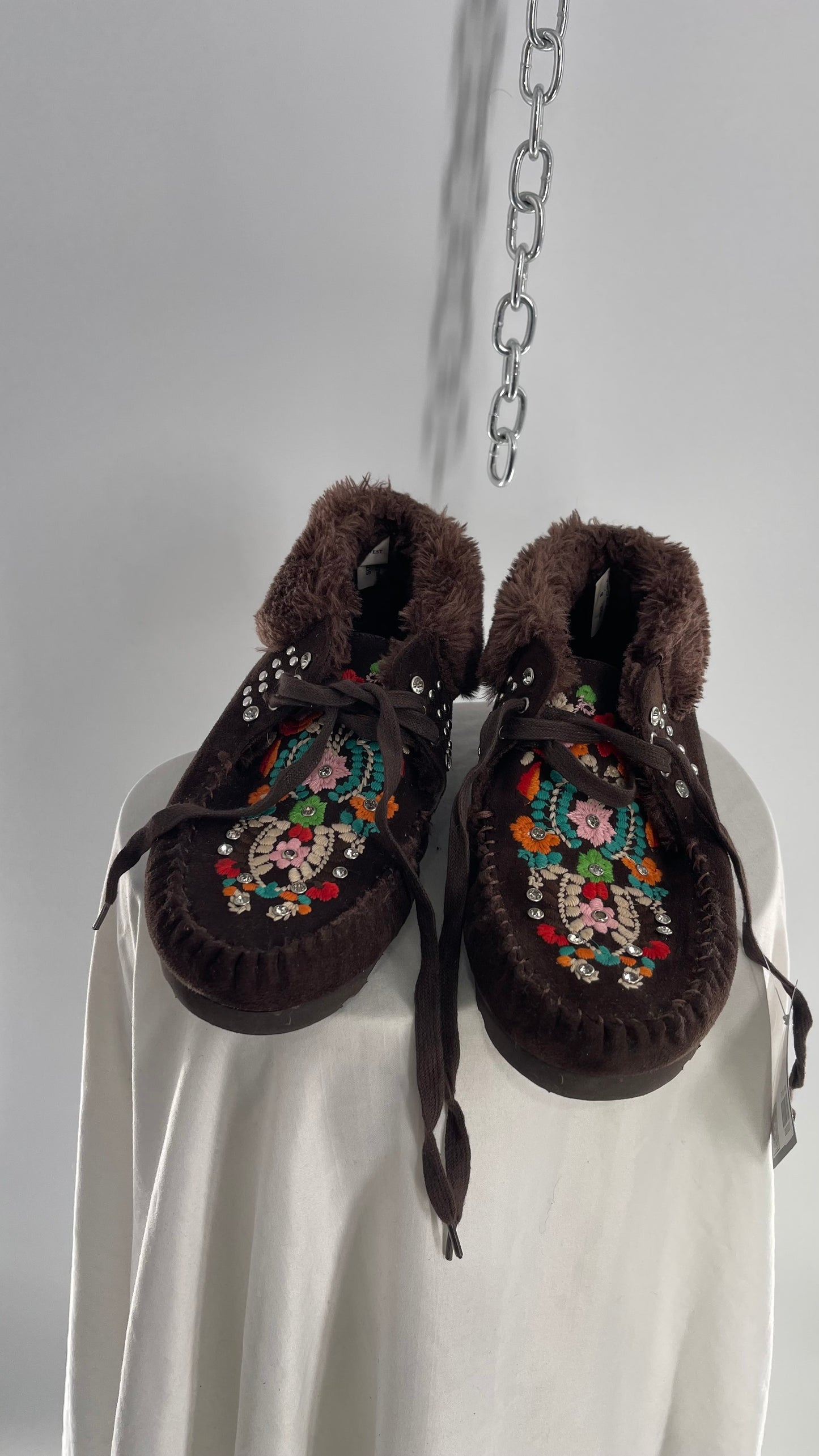 Embroidered Faux Suede & Fur Studs+ Rhinestone Moccasins (8)