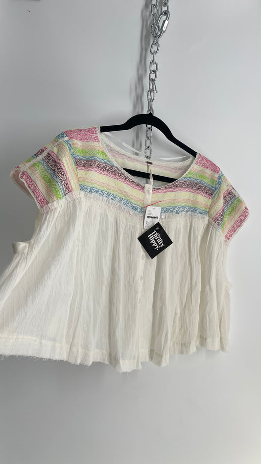 Free People Crimped White Colorful Embroidery with Tags Attached (XS)