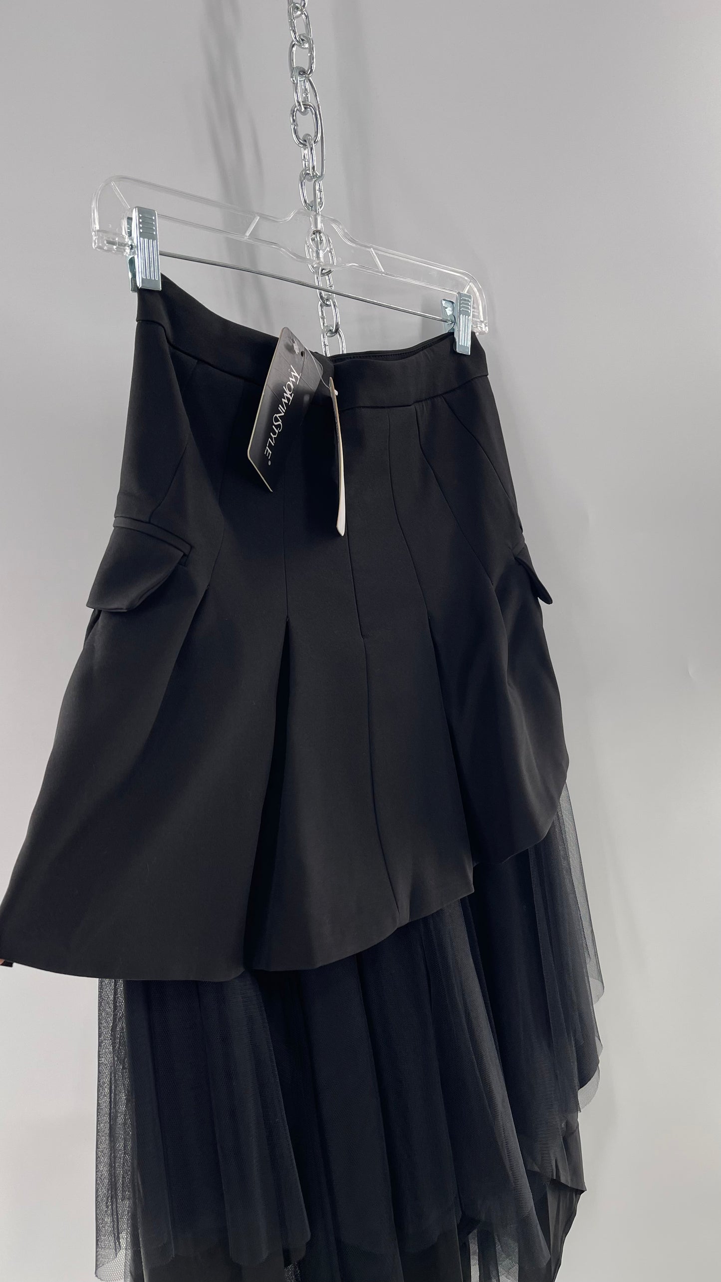 Two Twin Style Black Blazer Skirt with Mesh Tulle Layered Handkerchief Hem (S)