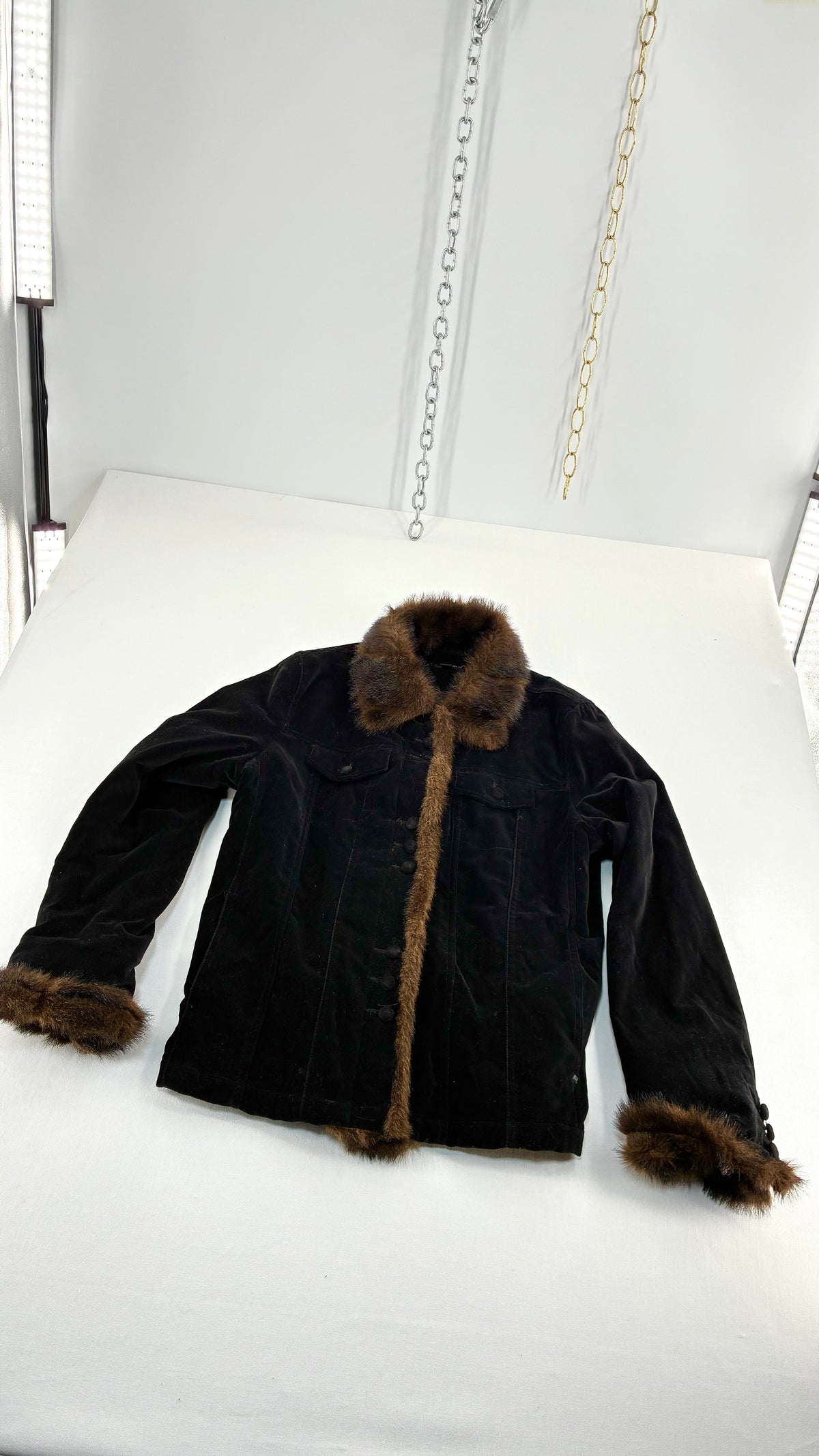 Vintage BLACK RIVET Velour Jacket with Vegan Fur Trim Collar and Cuffs (Large)