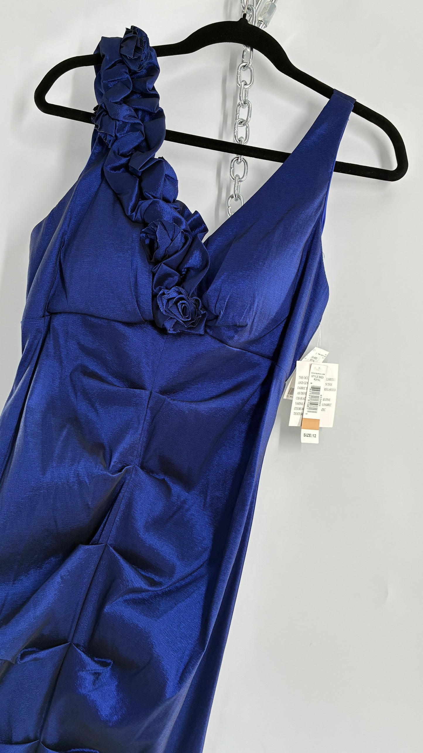 Deadstock Vintage Iridescent Metallic Taffeta Royal Blue Ruched Bodice and Floral Appliqué Gown (12)