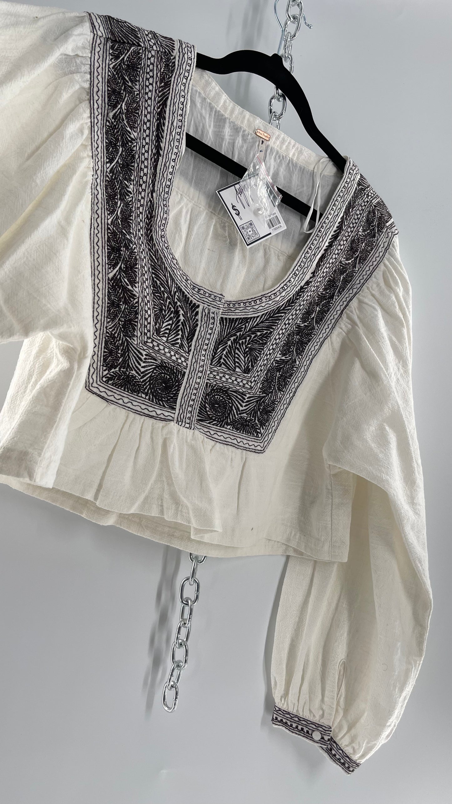 Free People White Thick Cotton Cropped Balloon Sleeve Blouse with Brown Embroidery (XS)