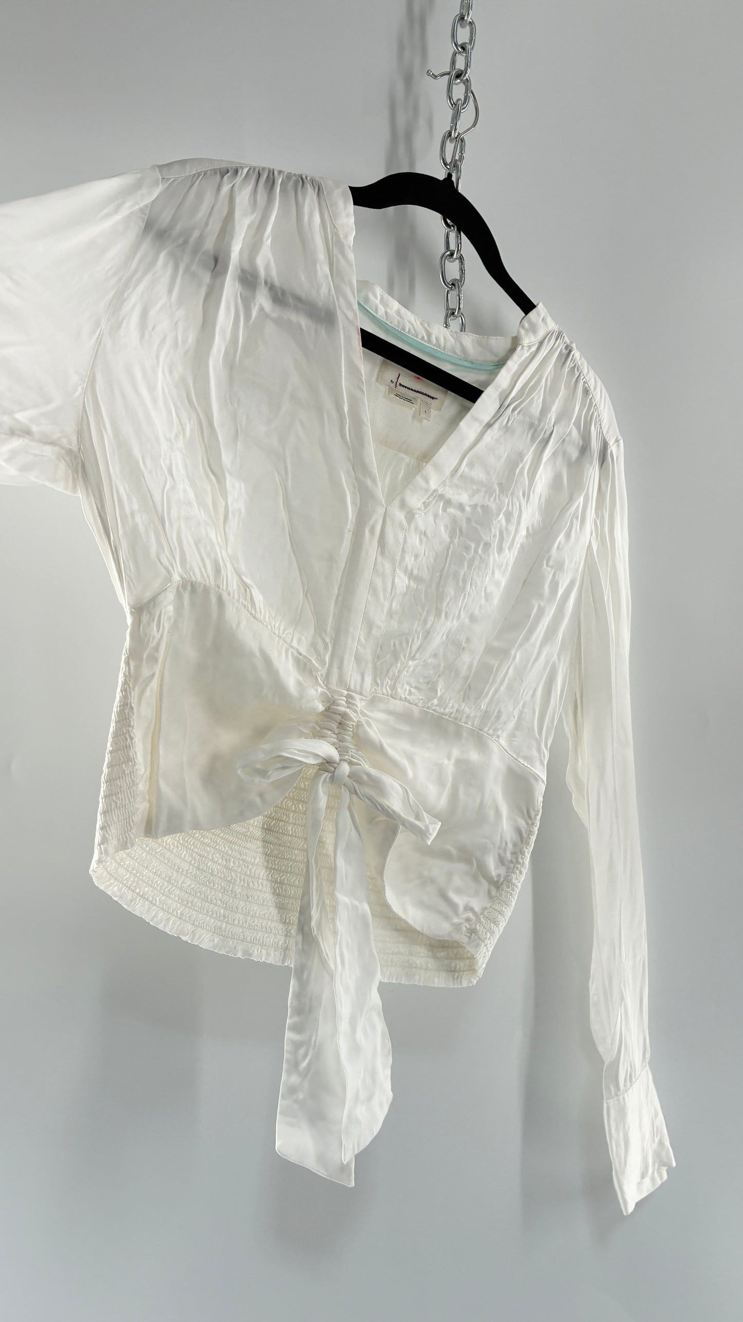 ANTHROPOLOGIE 100% Viscose White Silky Ruche Waist Blouse (Large)
