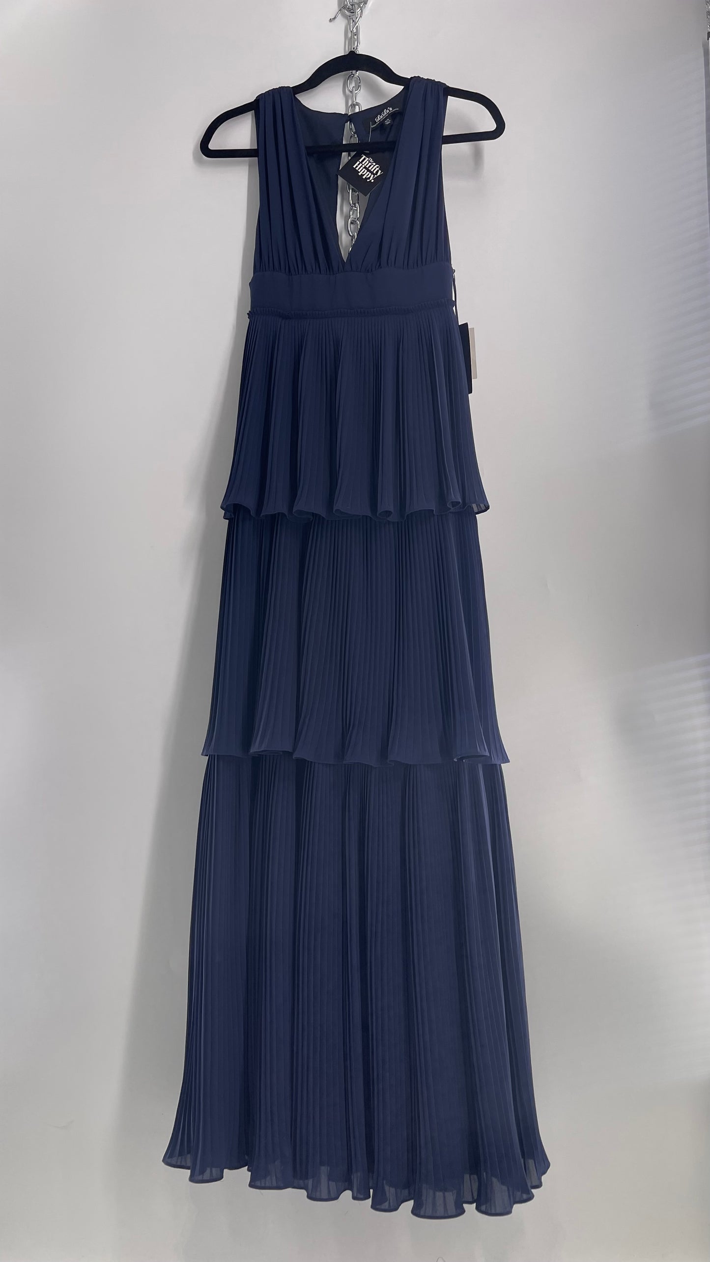 Lulu*s Pleated Navy Blue Floor Length Gown with Three Tiers and Tags Attached (XS)