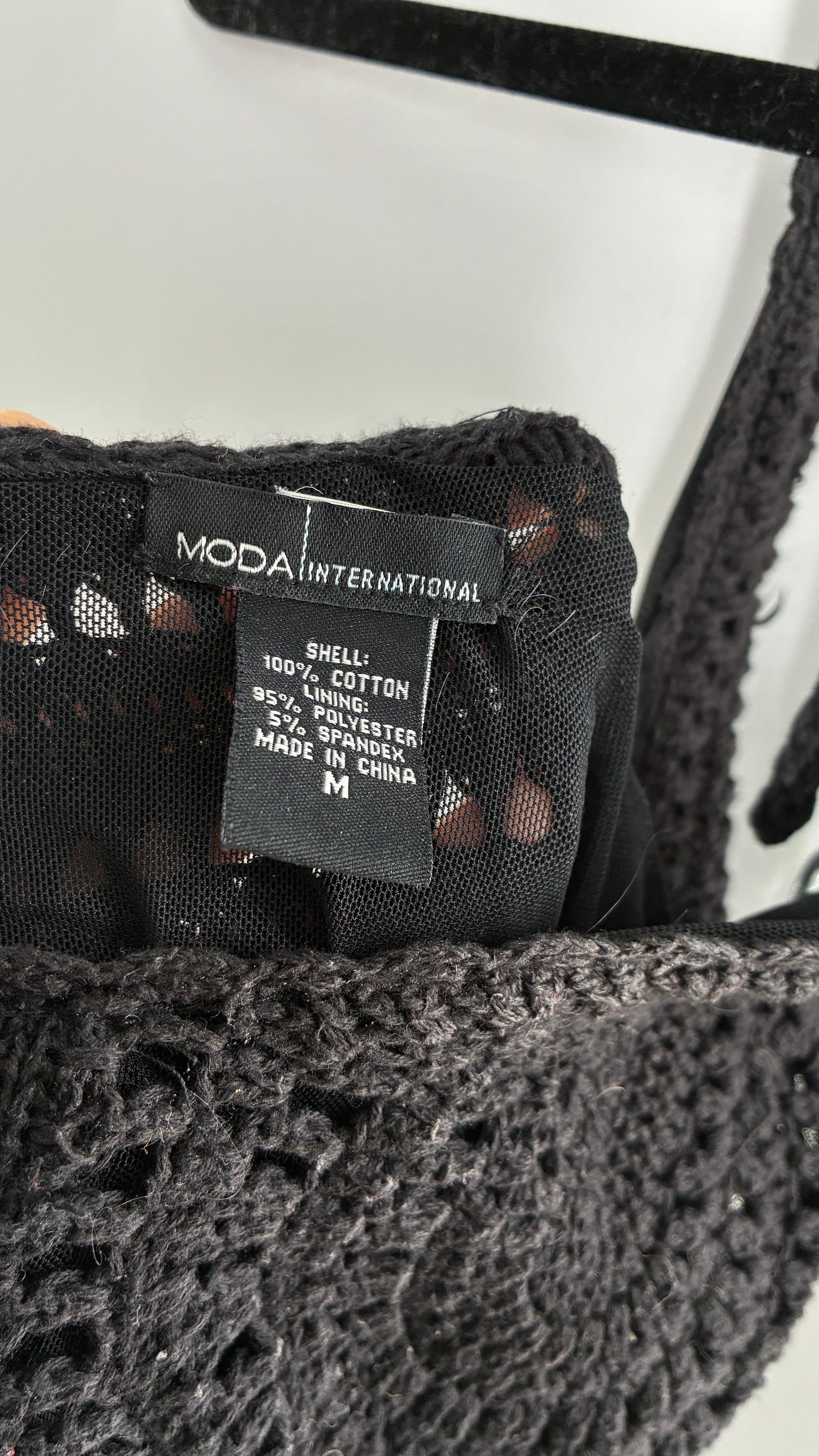 Vintage MODA INTERNATIONAL Black 100% Cotton Crochet Mini Halter Dress with Ruffled Skirt (Medium)