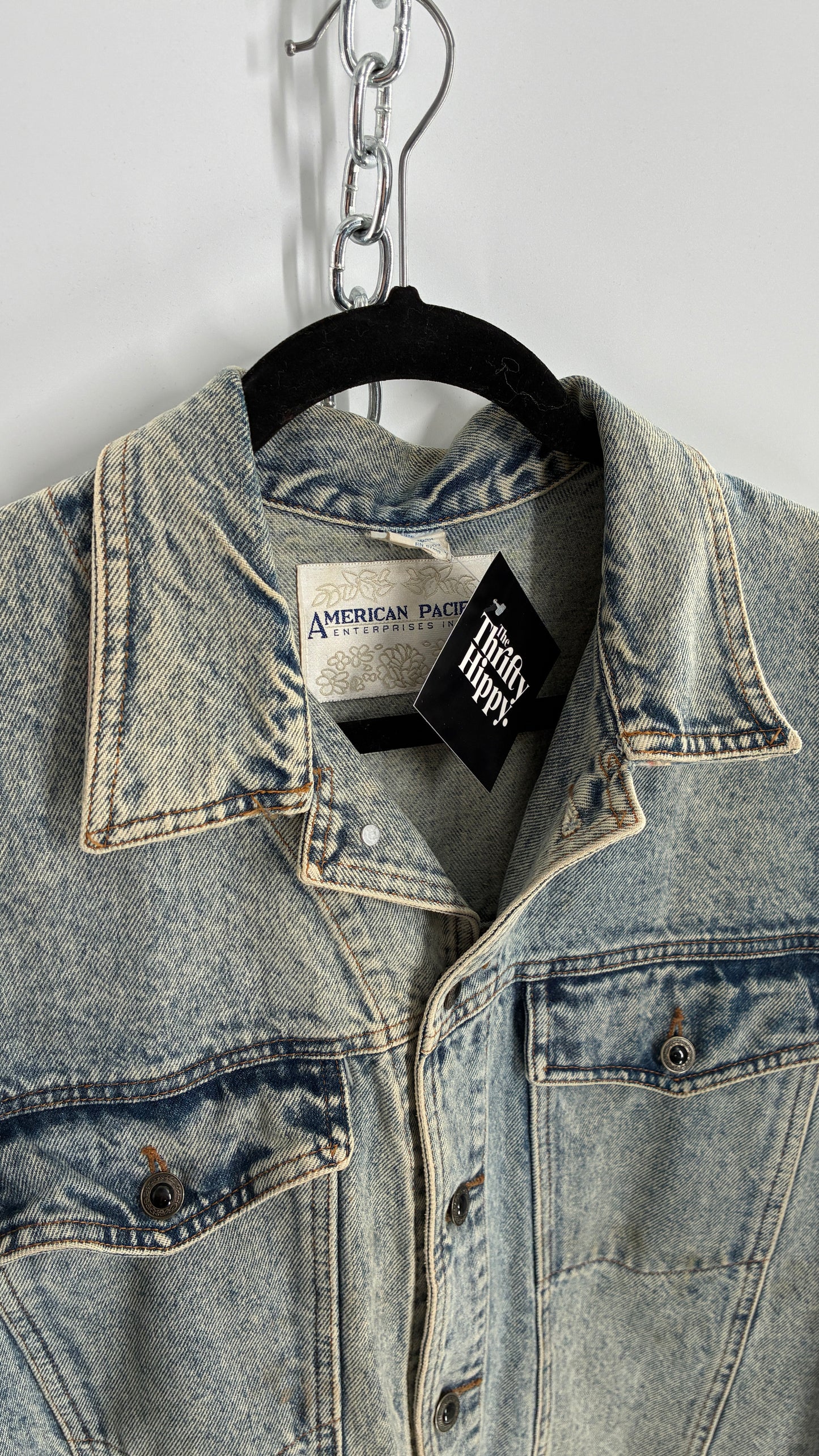 Vintage American Pacific Acid Wash Denim Jacket with Floral Patterned Cuffs (Large)
