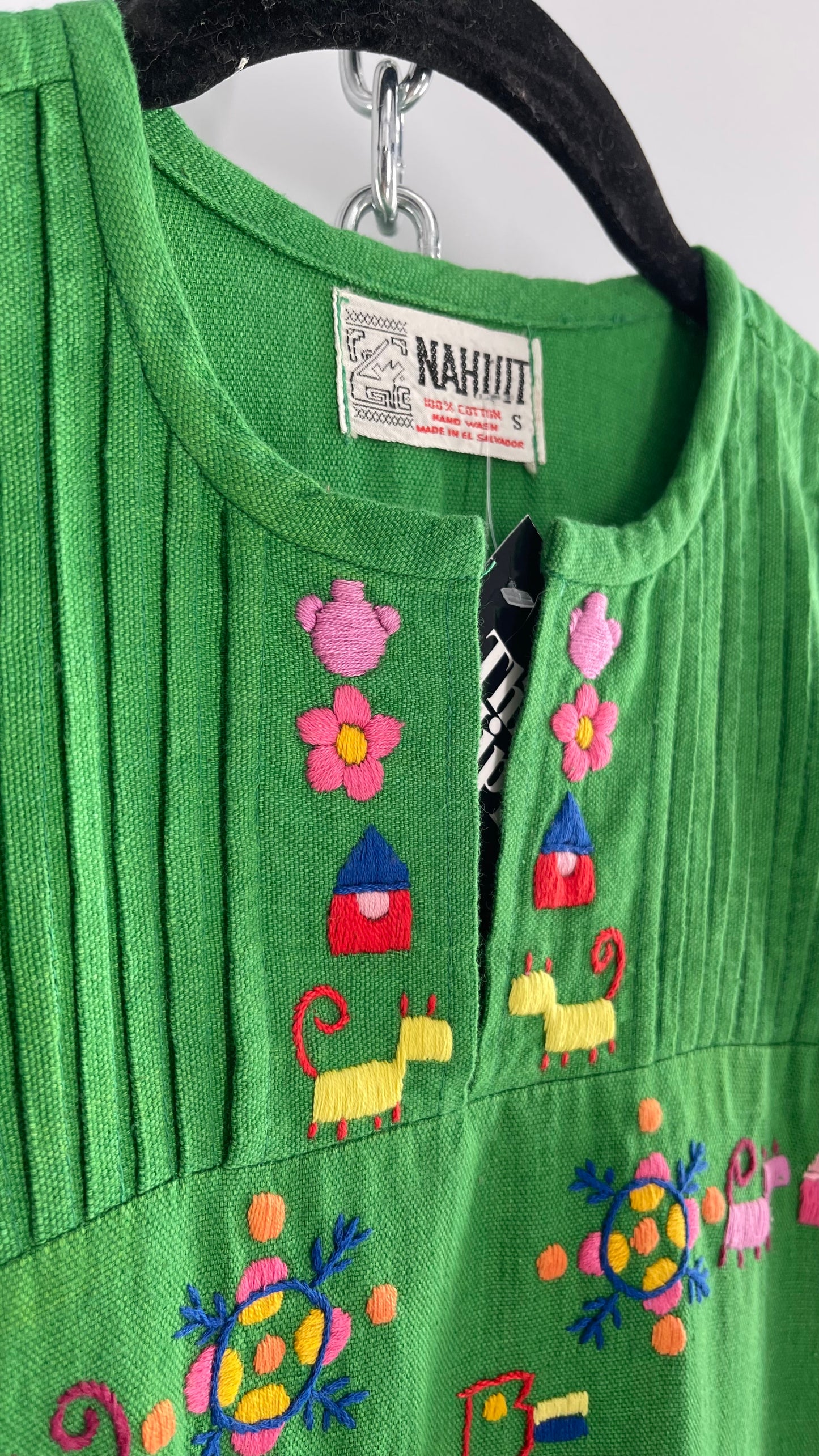 Vintage 1970s NAHUIT 100% Cotton, Kelly Green, Embroidered Tunic Dress Imported from El Salvador (Small)