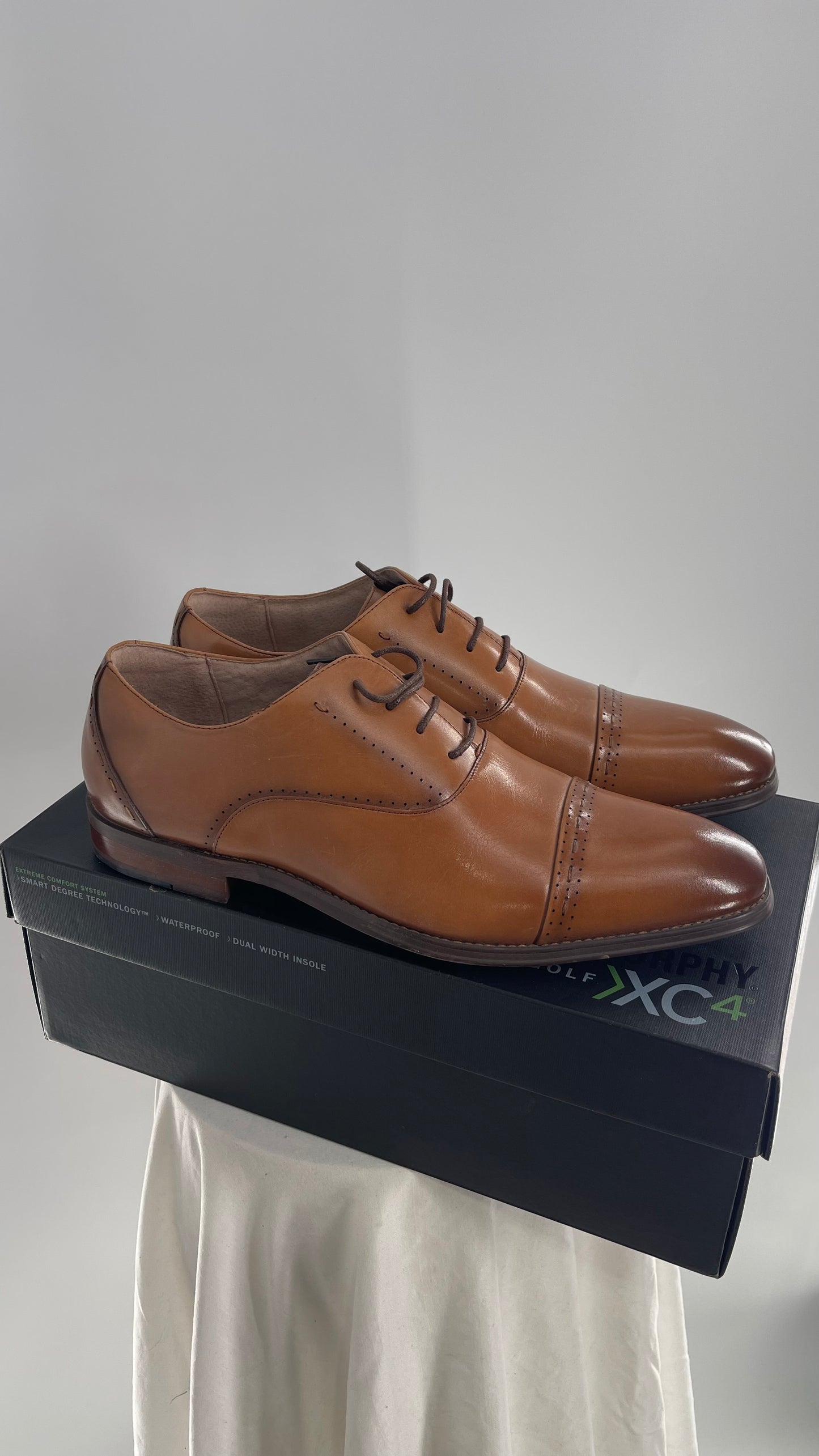 STACY ADAMS Cognac Camel Brown Leather Captoe Oxfords (12)