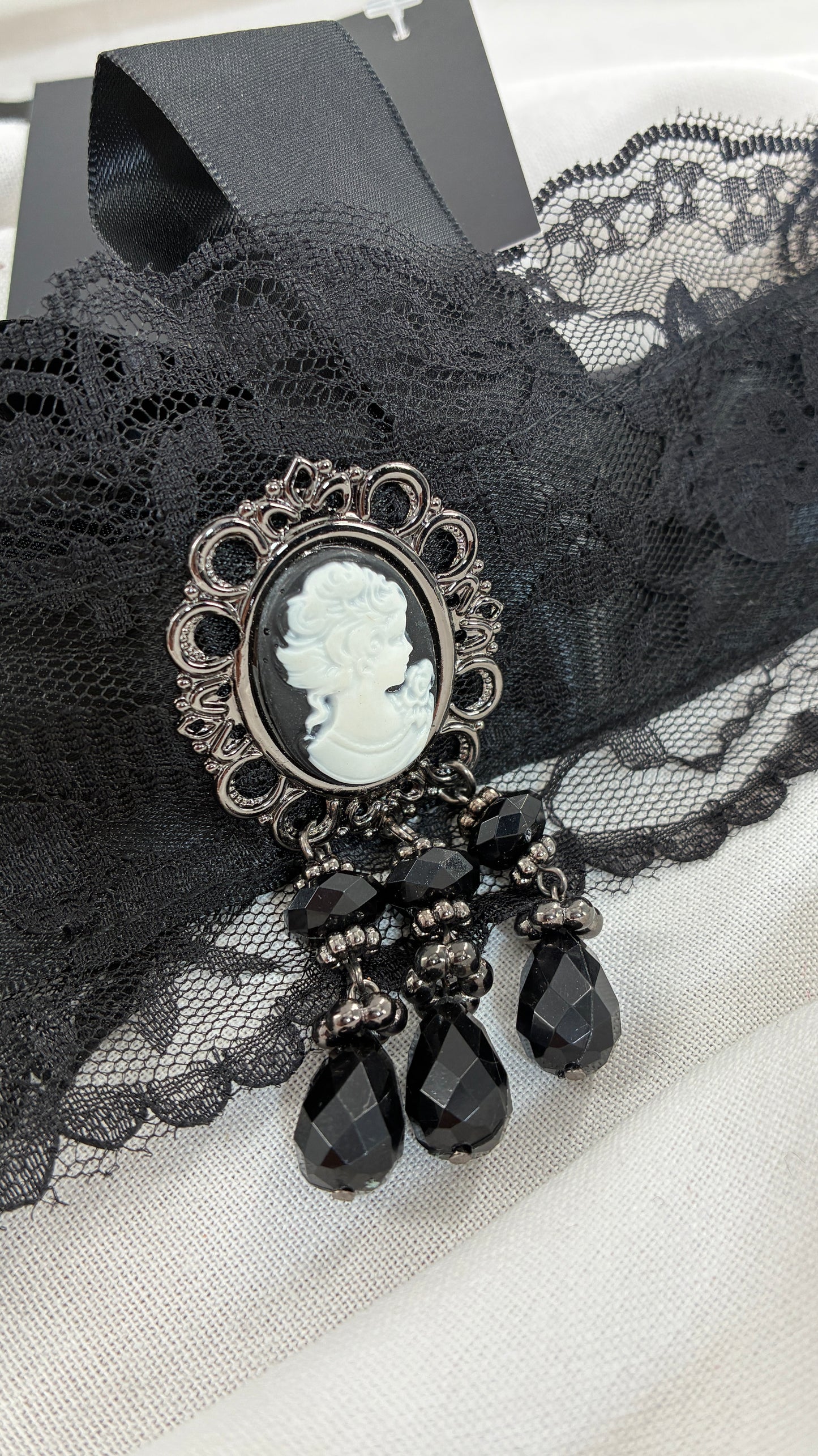 Edwardian Lace choker with Cascading Beads and Tag Attached