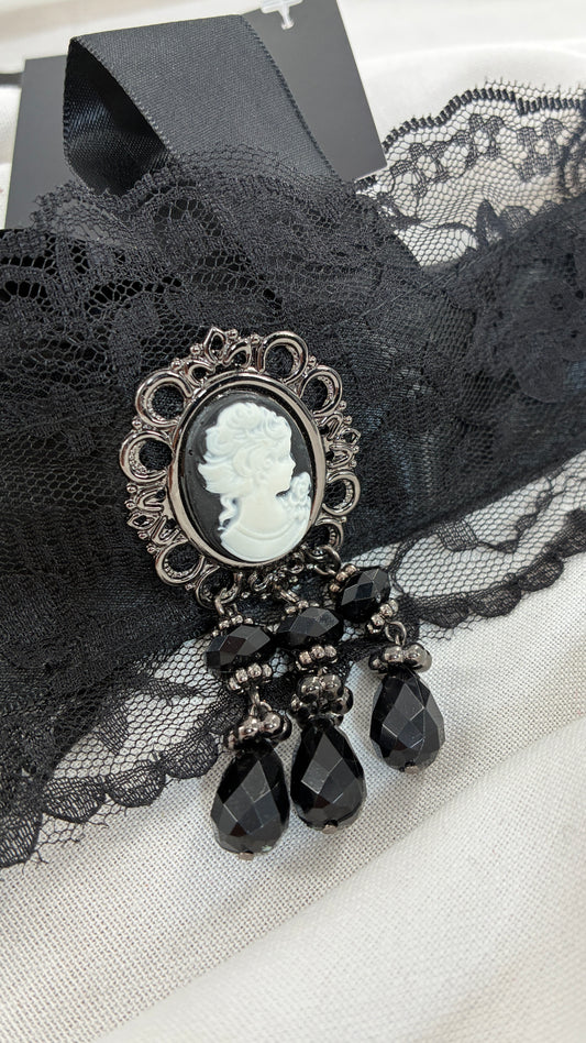 Edwardian Lace choker with Cascading Beads and Tag Attached