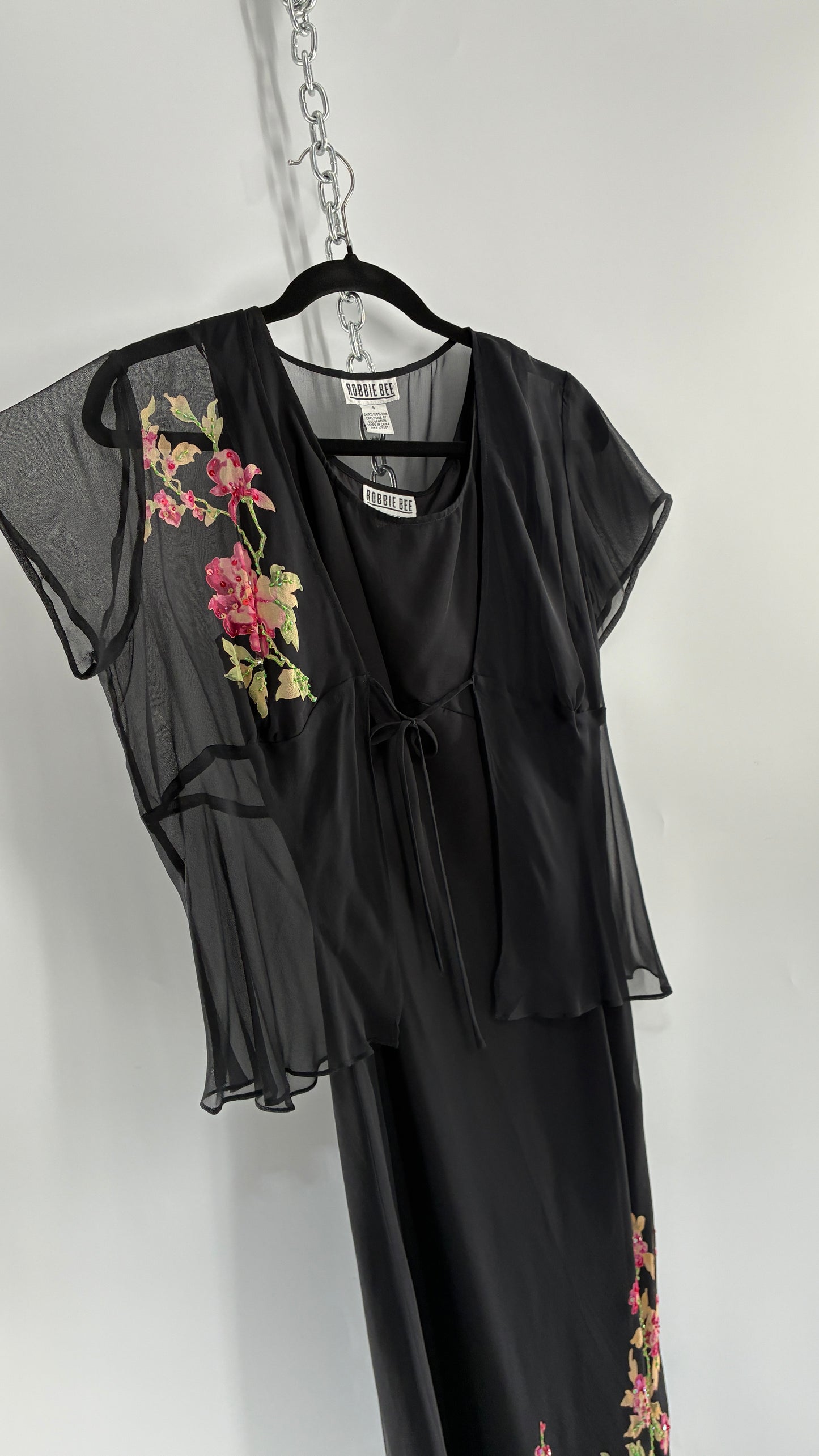 Vintage 1990s ROBBIE BEE 100% Silk Black Gown with Underbust Stitch and Matching Tie Bust Blouse (8)