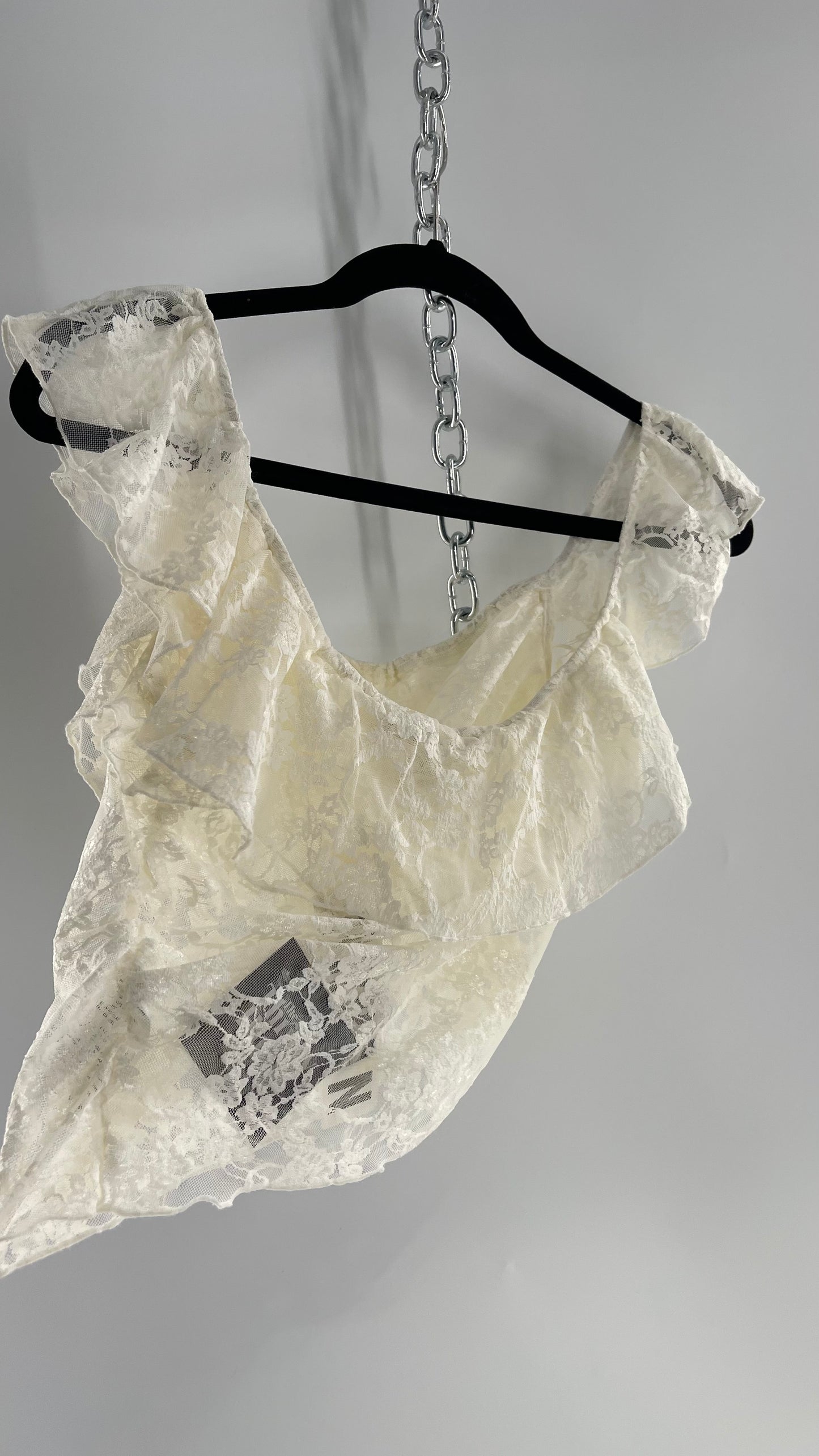 Urban Outfitters White Lace Tank with Ruffle Neckline and Straps Tags Attached (Large)