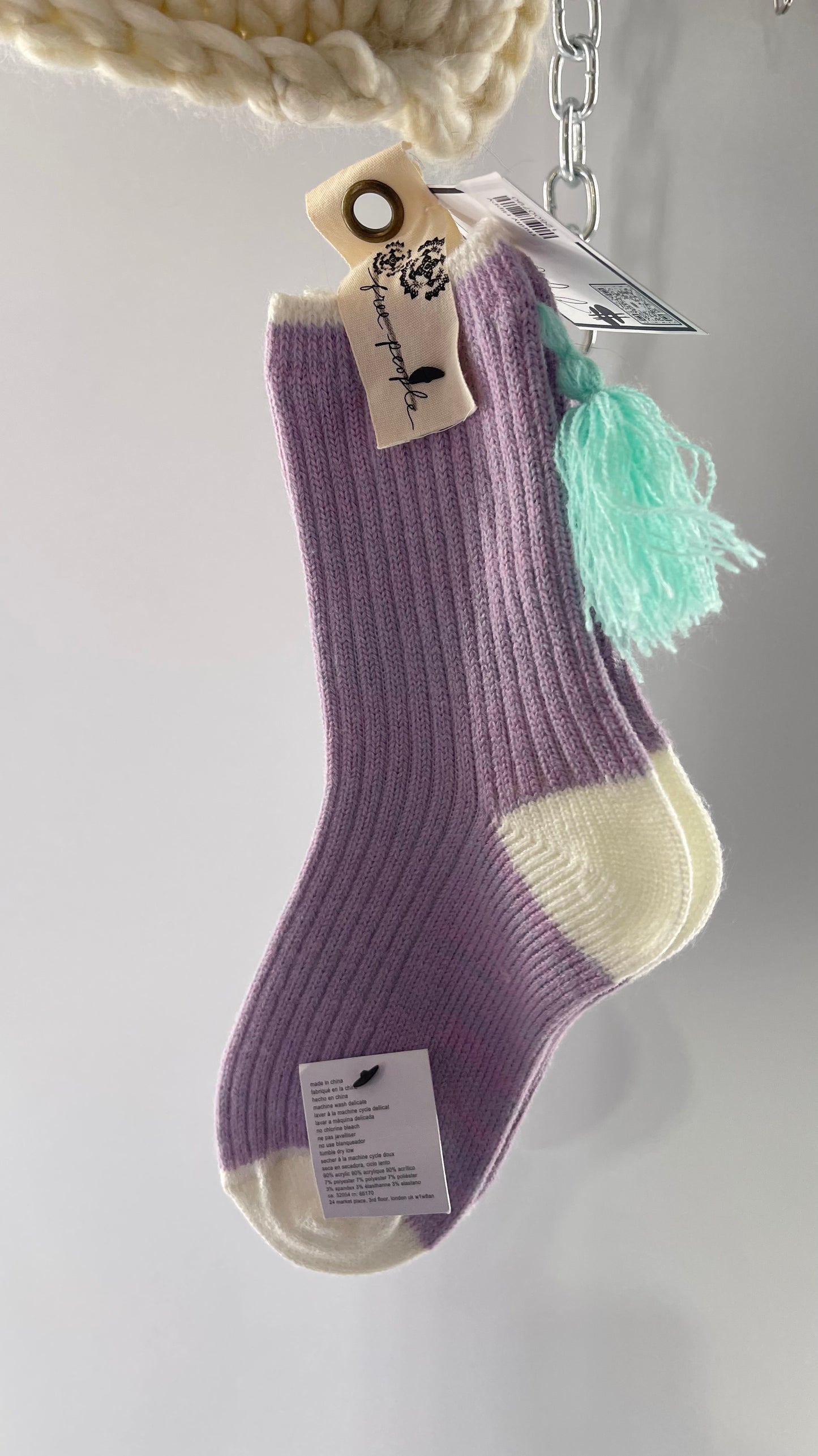 Free People Lavender Purple and White Knit Beanie and Sock Set