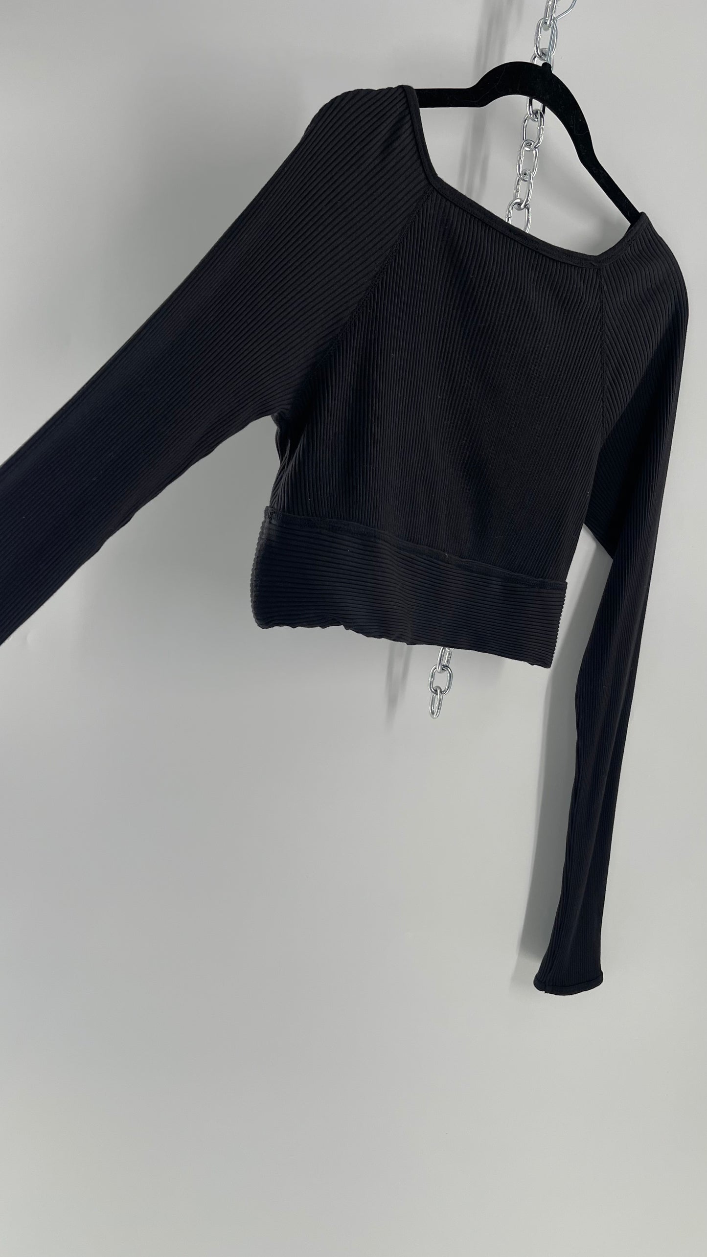 Free People Movement Black Ribbed Cropped Long Sleeve with Ruched Bust and Embroidered Symbol (Small)