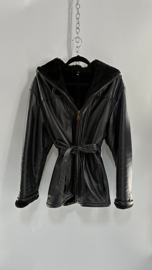 Vintage WILSON’S Fur Lined, Genuine Leather Waist Tie Jacket with Hood (Medium)
