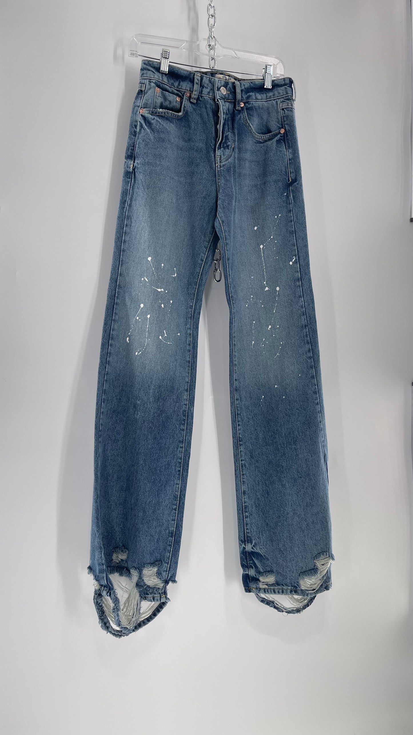 Free People Light Wash Straight Leg Jeans with Distressed Hem, Double Pockets and White Paint with Tags Attached (25)