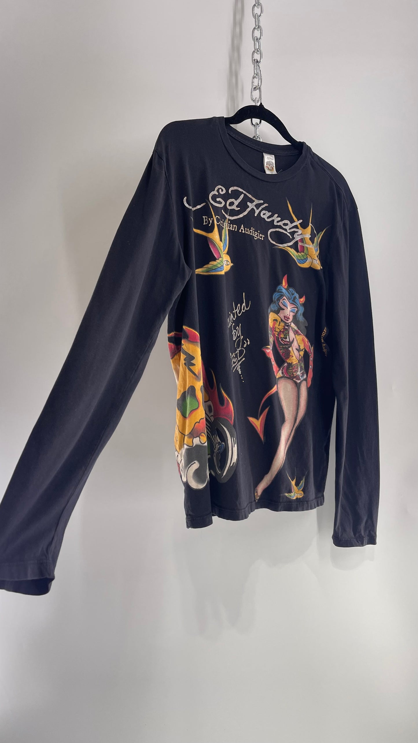 Rare Vintage Ed Hardy Pin Up Style Graphic Long Sleeve (Large)