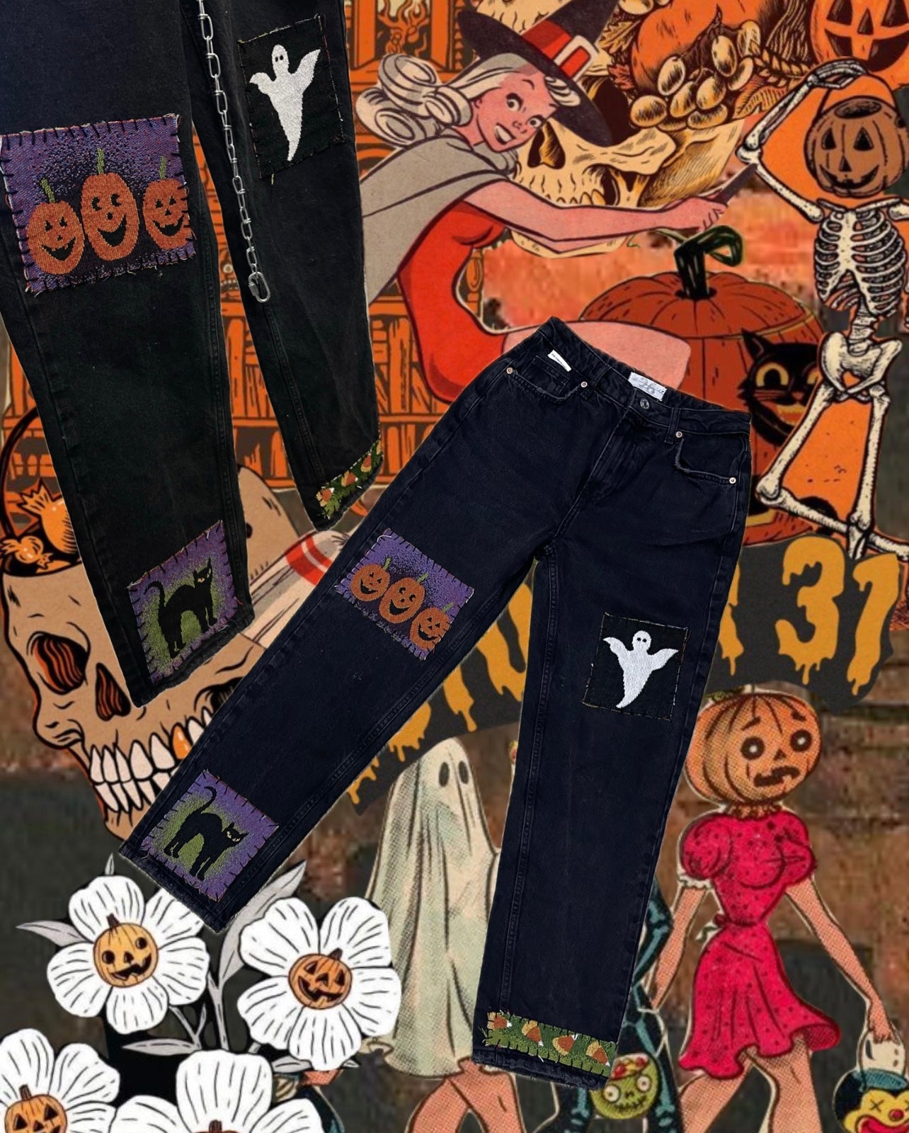 Hand Made Festive Halloween Patchwork Mom Jeans (26)