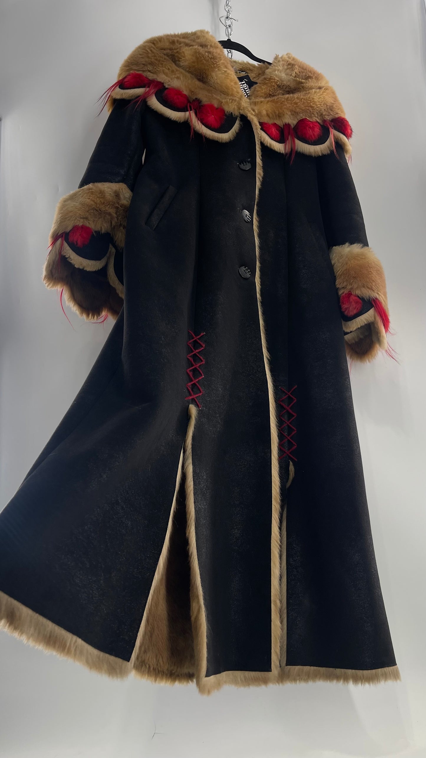 Vintage Russian Black Coat with Brown Fur Piping/Lining, Red Feathers, Scalloped Sleeve, and Hood (Medium)