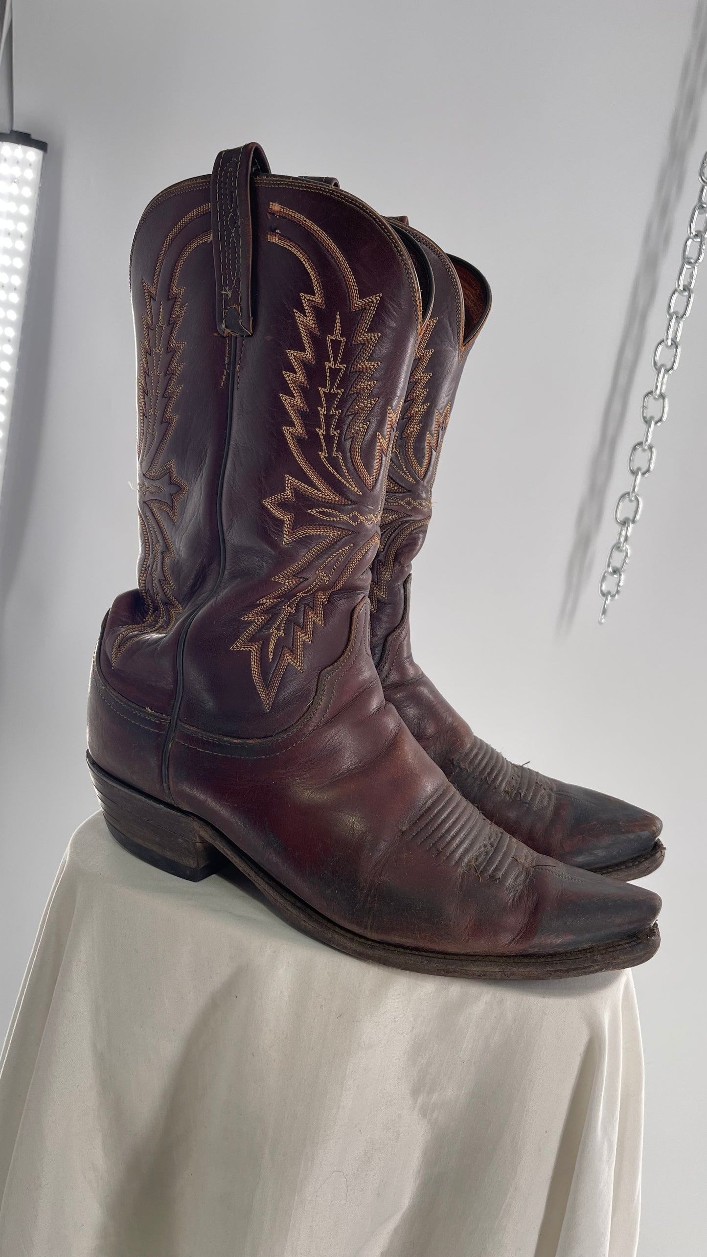 Vintage Men’s 1883 Luchesse Lived In Brown Cognac Leather Pointed Toe Cowboy Boots with Embroidery (12)