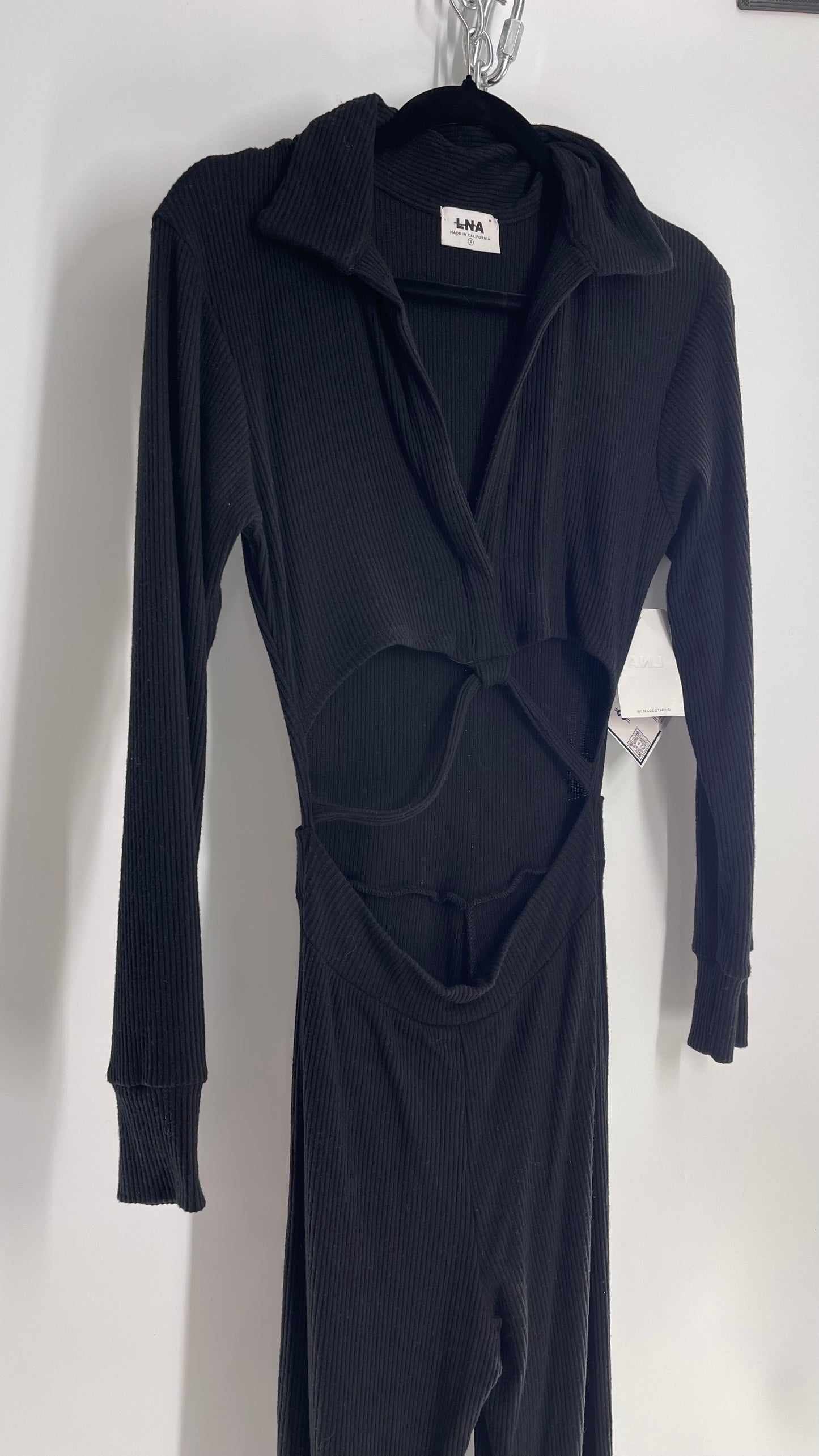 LNA Emily Black Ribbed Knit Open Jumpsuit with Tags Attached (Small)