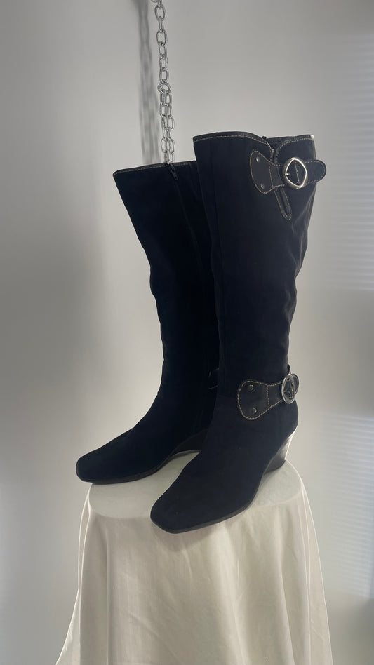 Vintage BASS Black Suede Wedge Heel Knee High Boot with Buckle Details (10)