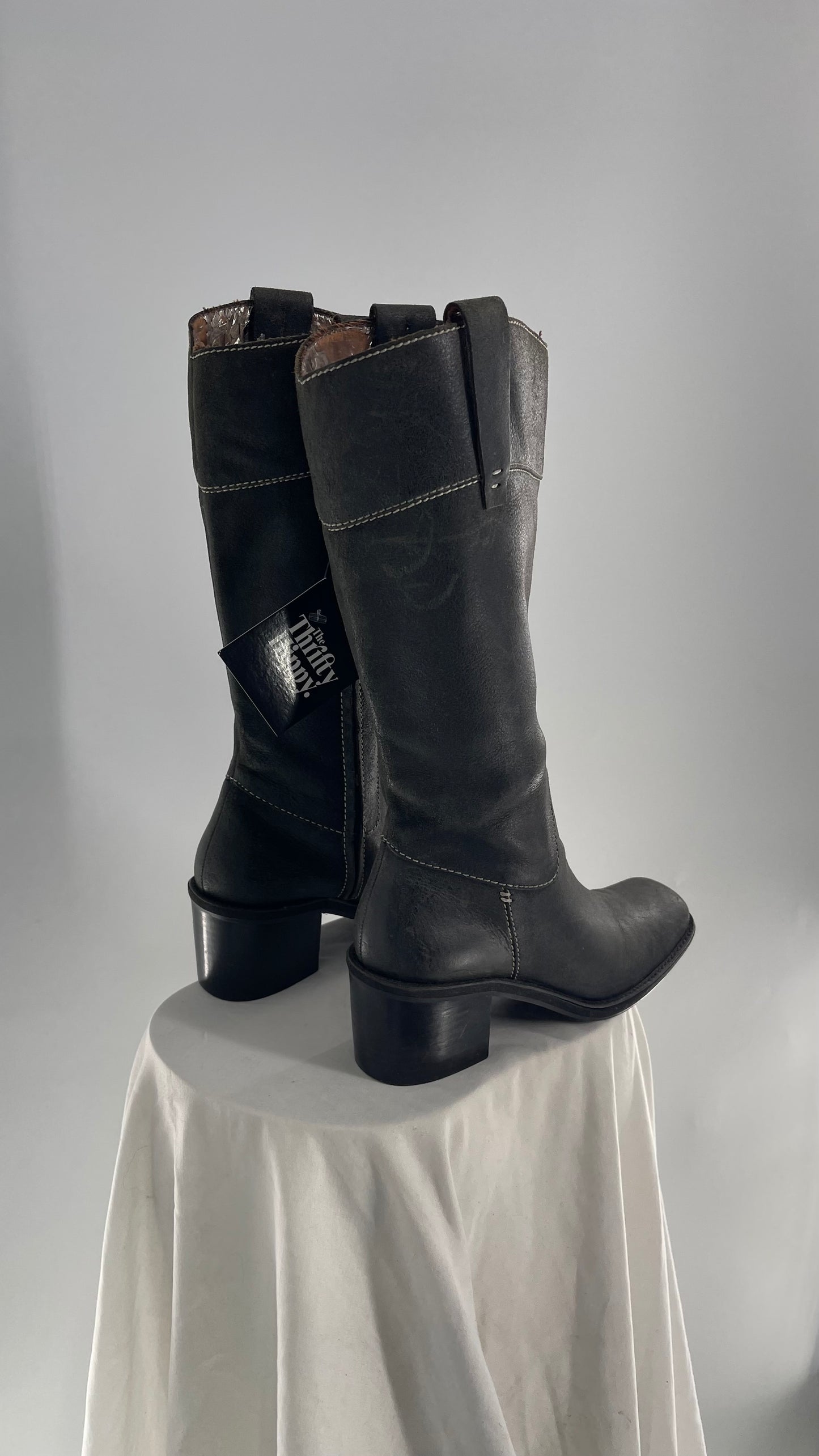 Vintage Nine West Dark Grey Leather Square Toe Heeled Knee High Boots (7.5)