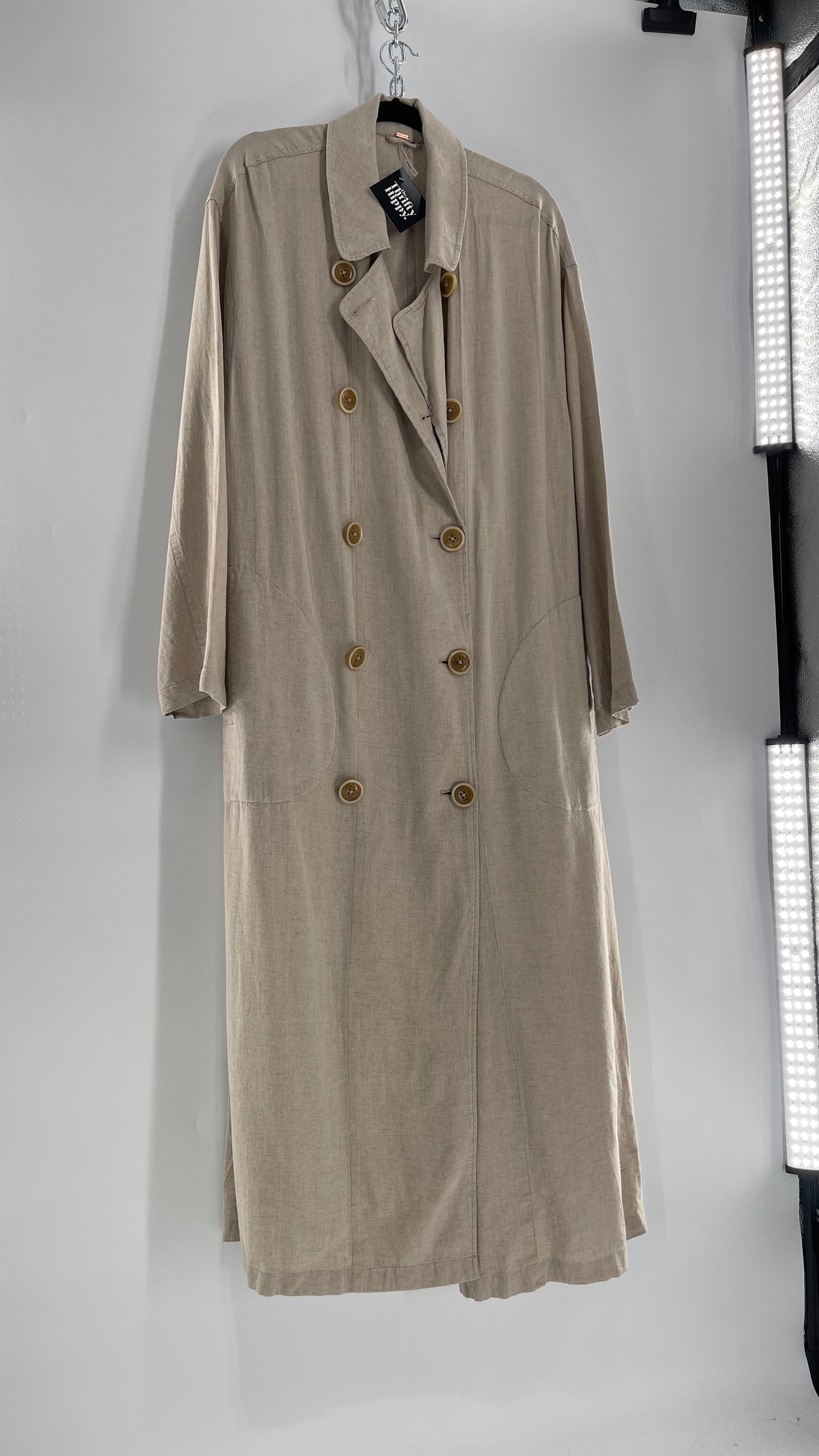 Free People Double Breasted Beige Linen Trench Coat with Brown Buttons and Tags Attached