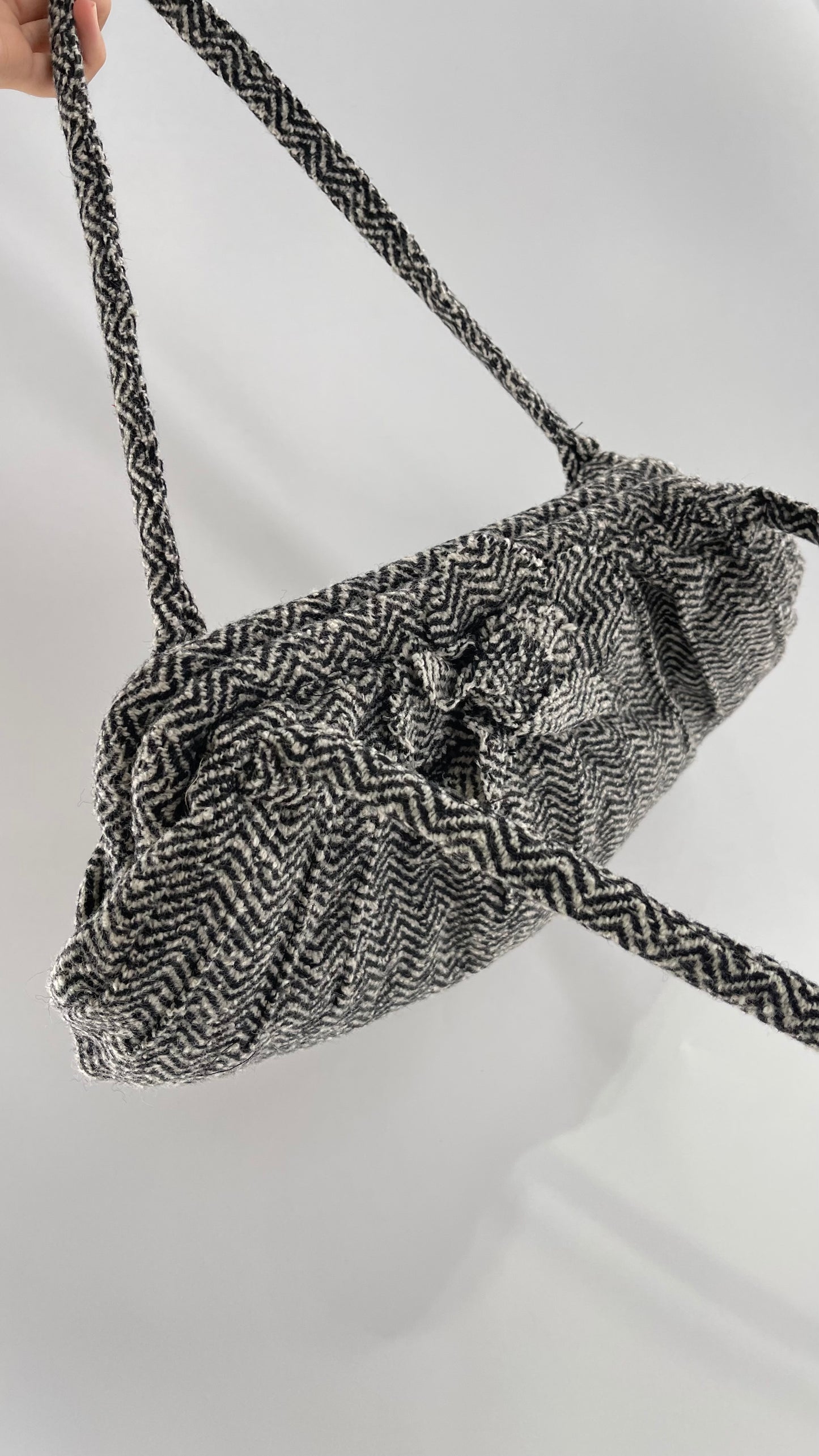 Vintage Wool Knit Black White Purse with Flower Appliqué