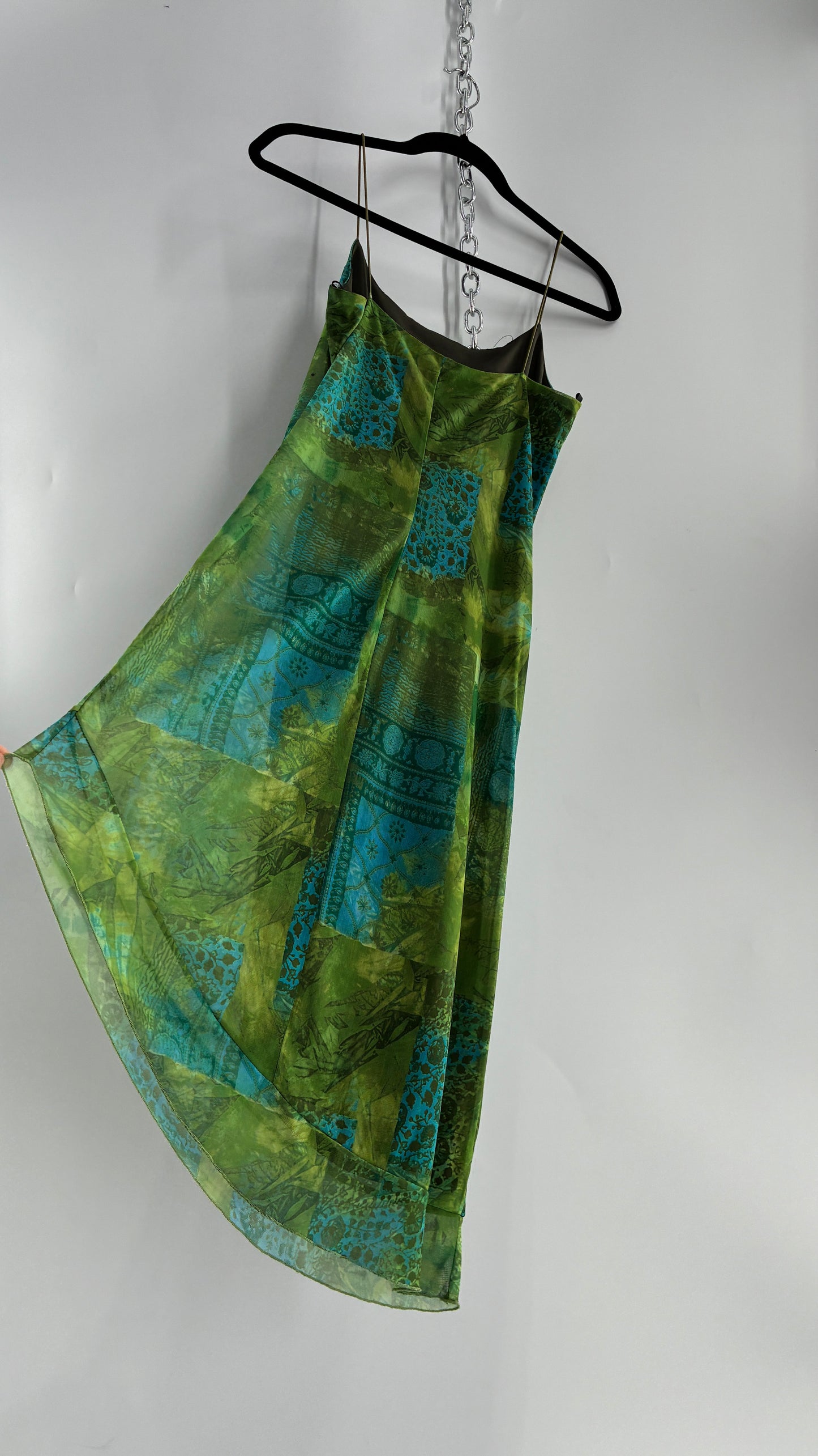 Vintage BYER TOO! CALIFORNIA Green and Blue Patchwork Patterned Midi Dress with Glitter Details and Slanted Cut (Medium)