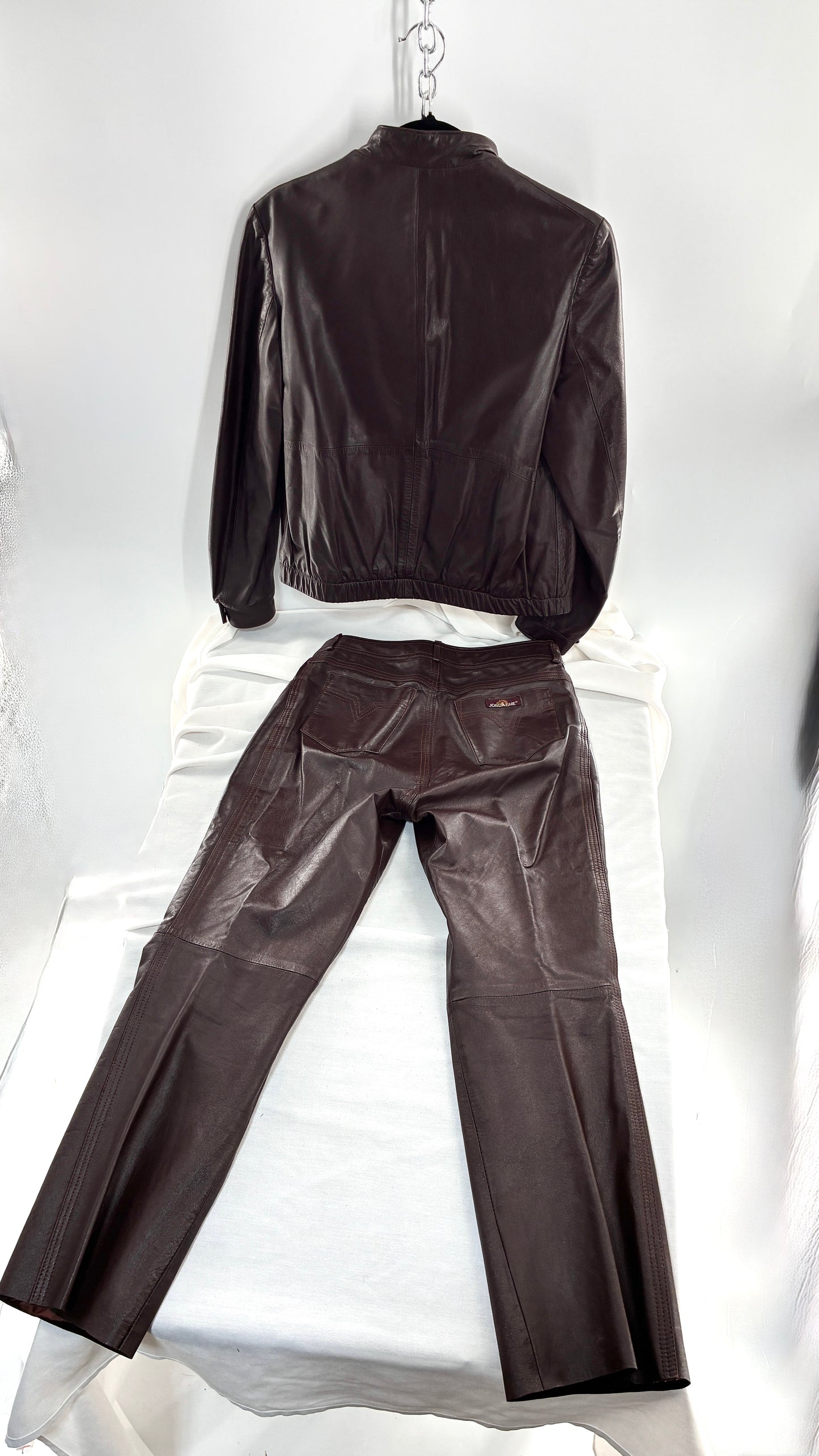 Vintage JORDACHE X CJ TODD Chocolate Brown Genuine Leather Trouser Moto Jacket Set (Small)