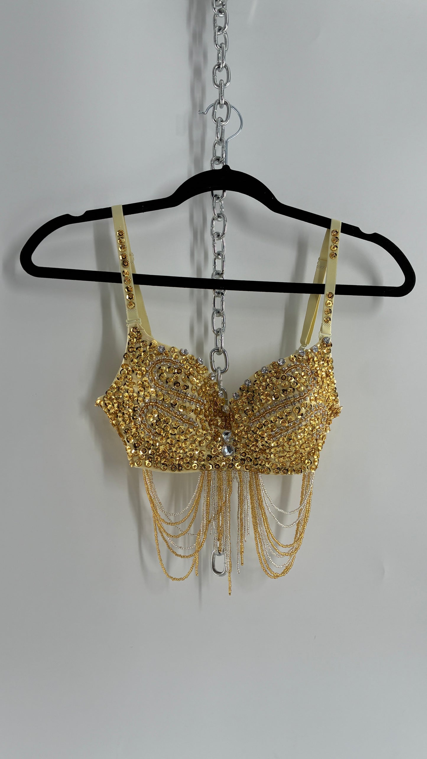 Vintage Gold Sequin Bra with Beaded Draping and Crystal Lining (34)