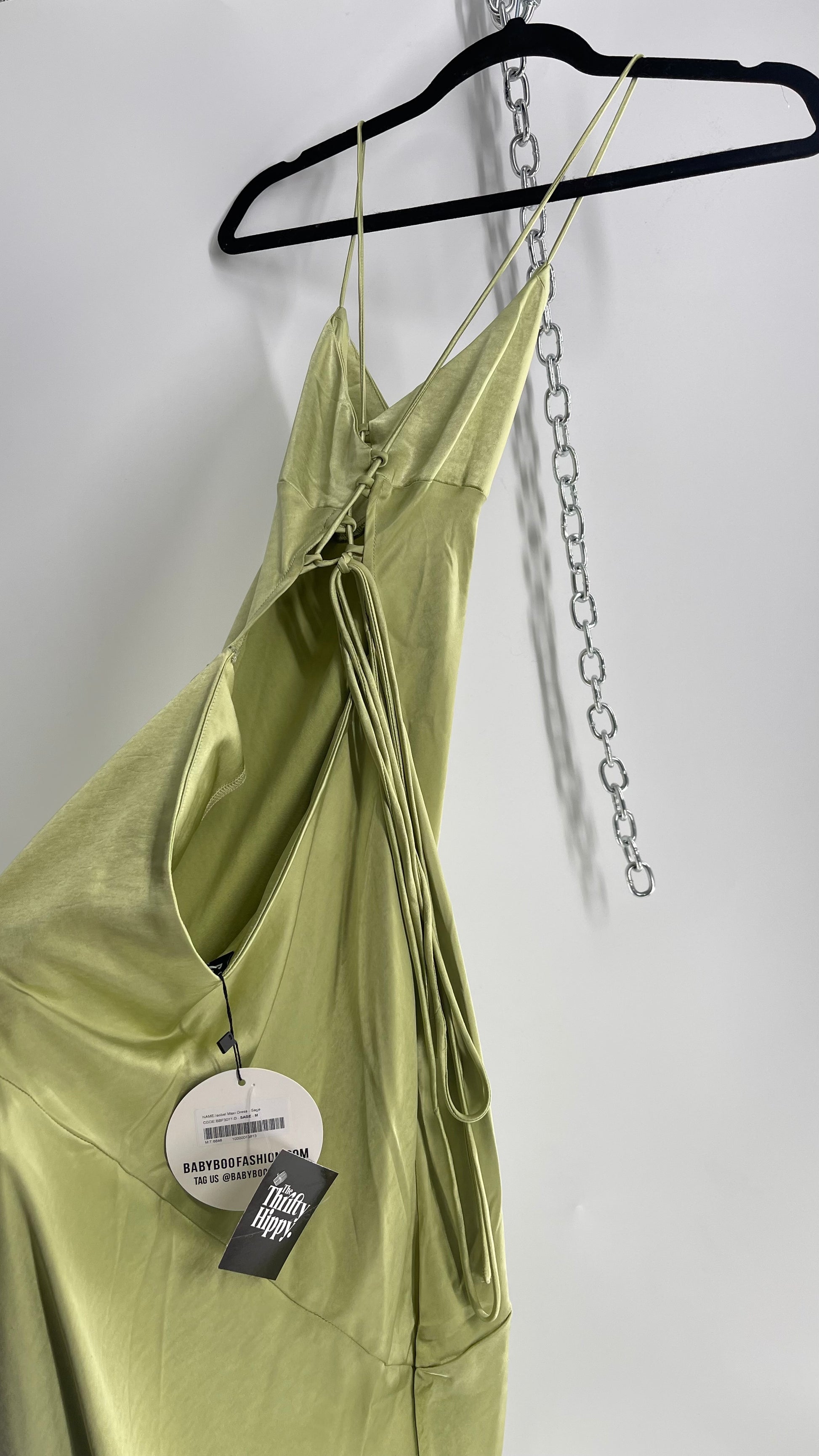 BABYBOO Isobel Sage Green Side Slit, Open Tie Up Back Gown (M) The Thrifty Hippy BABYBOO Isobel Sage Green Side Slit, Open Tie Up Back Gown (M) The Thrifty Hippy