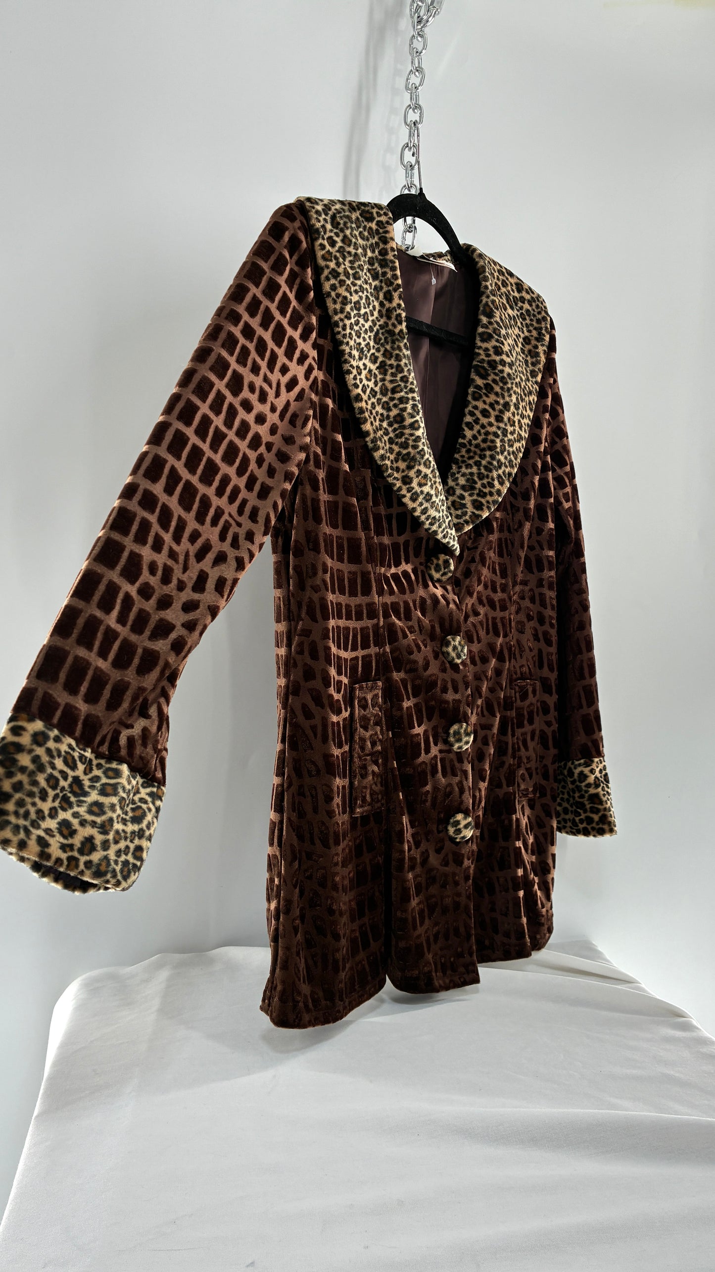 Vintage LINE #1 1990s Cheetah Print Velour Overcoat with Collar, Cuffs, and Oversized Buttons (XL)