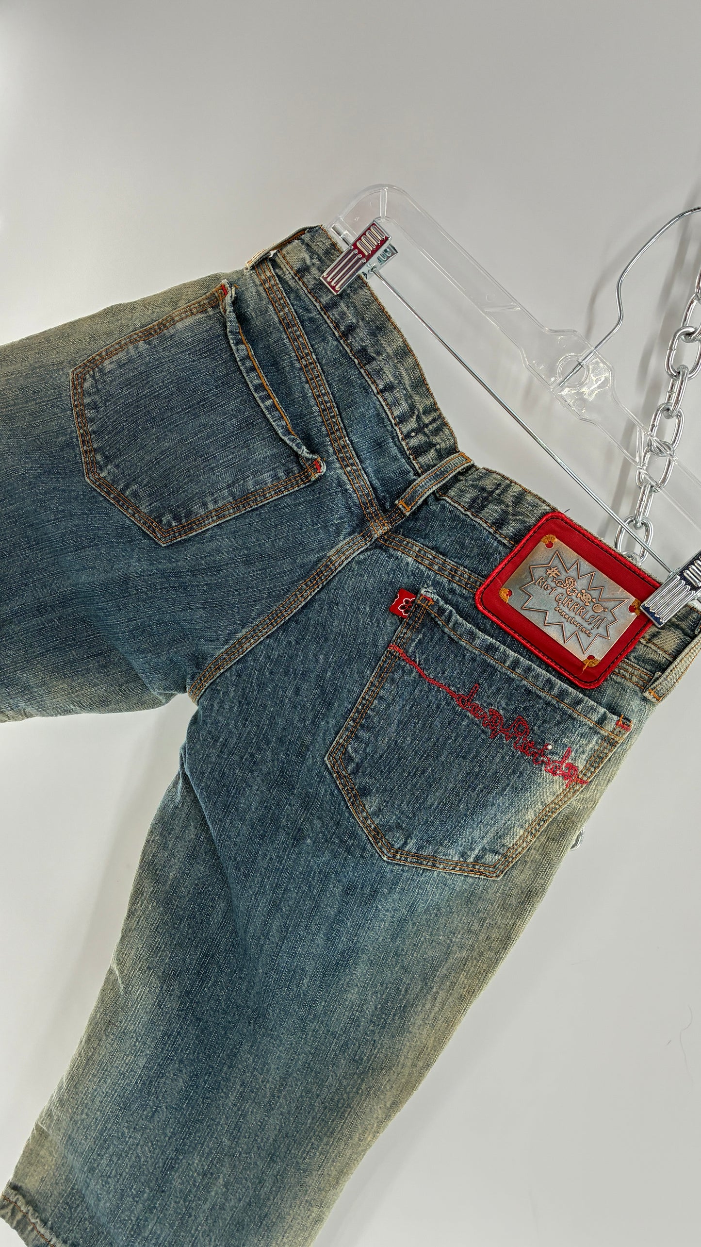 Rare Vintage DONA FLORINDA RIOT GIRLS Faded Wash Denim with Heavy Metal Jacron and Embroidery (38)