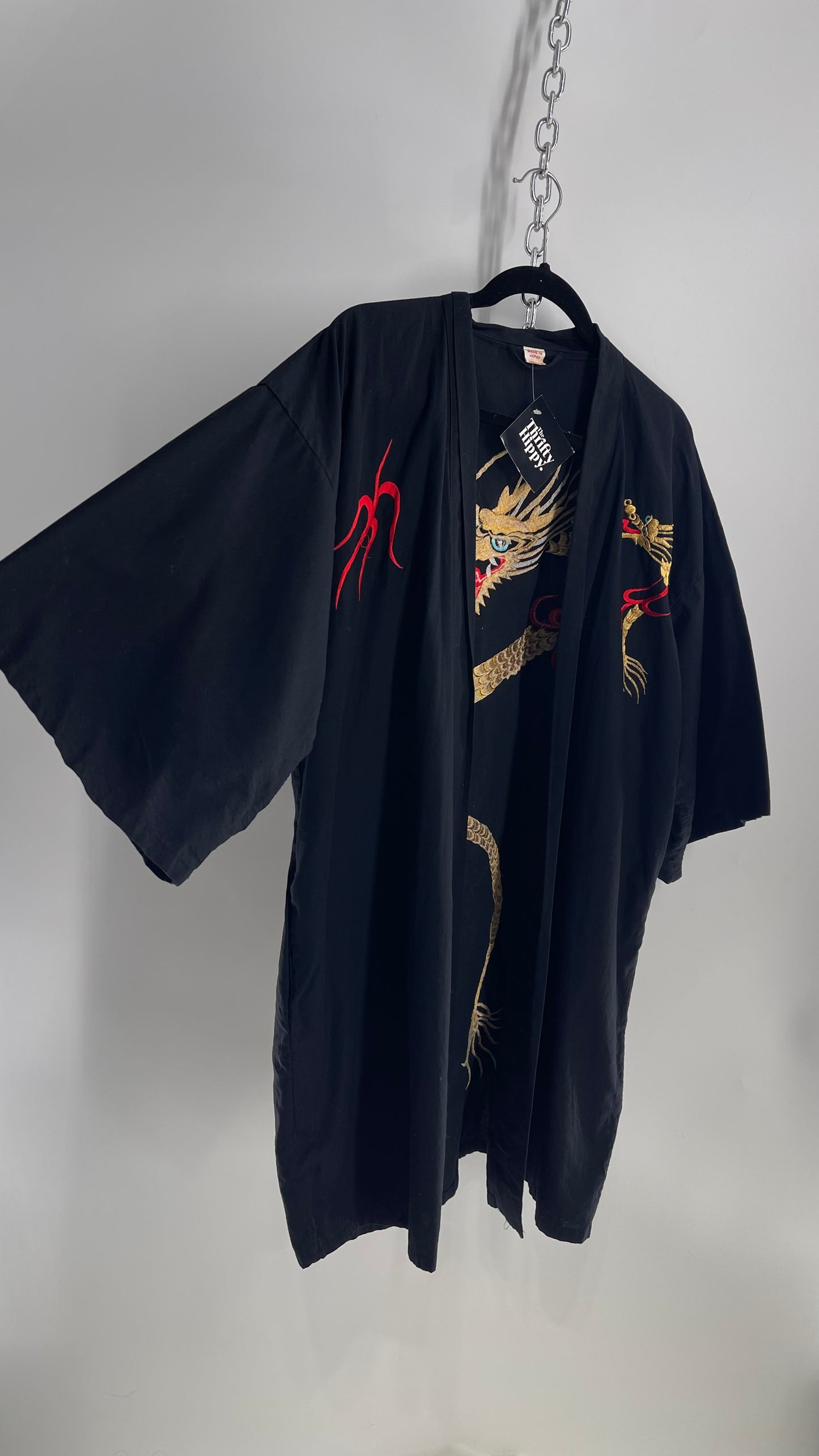 Vintage Japanese Cotton Cape/Kimono/Cardigan Robe with Hand Embroidered Gold Dragon (Small)