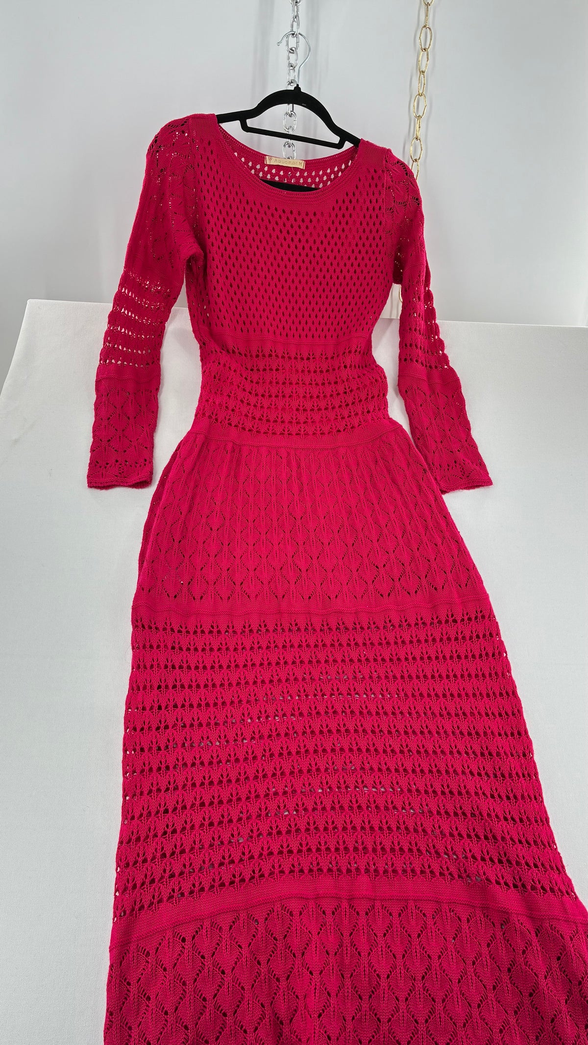 Imported Vintage AQUAMAR Hot Pink Crochet Full Length Dress with Waist Definition  (M)