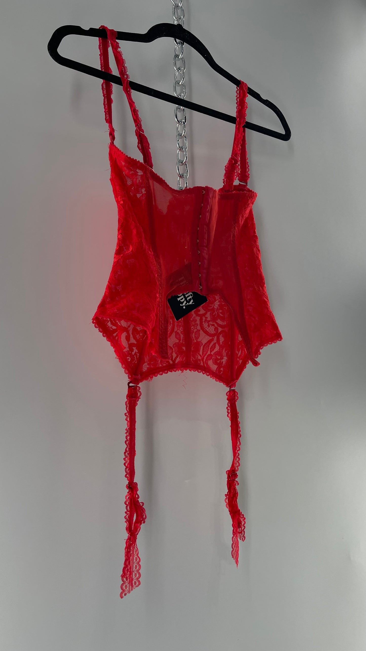 90s Vintage Red Lace Corset with Ruffled Sleeves and Removable Garter Straps (32B)