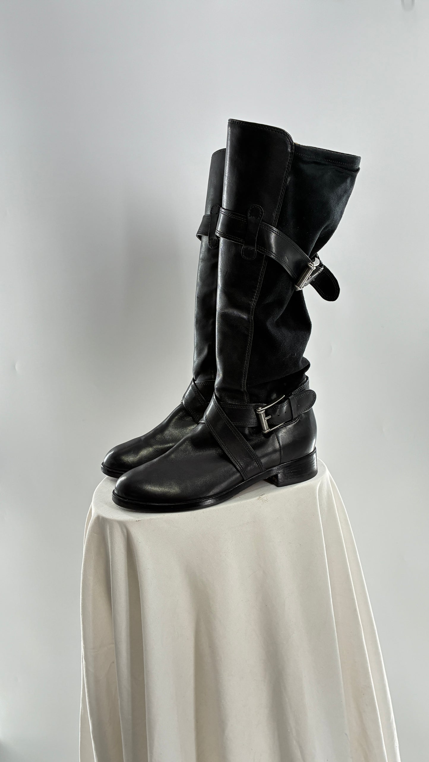 Vintage Cole Haan Black Leather Knee High Boots with Buckle Detailing (7.5)