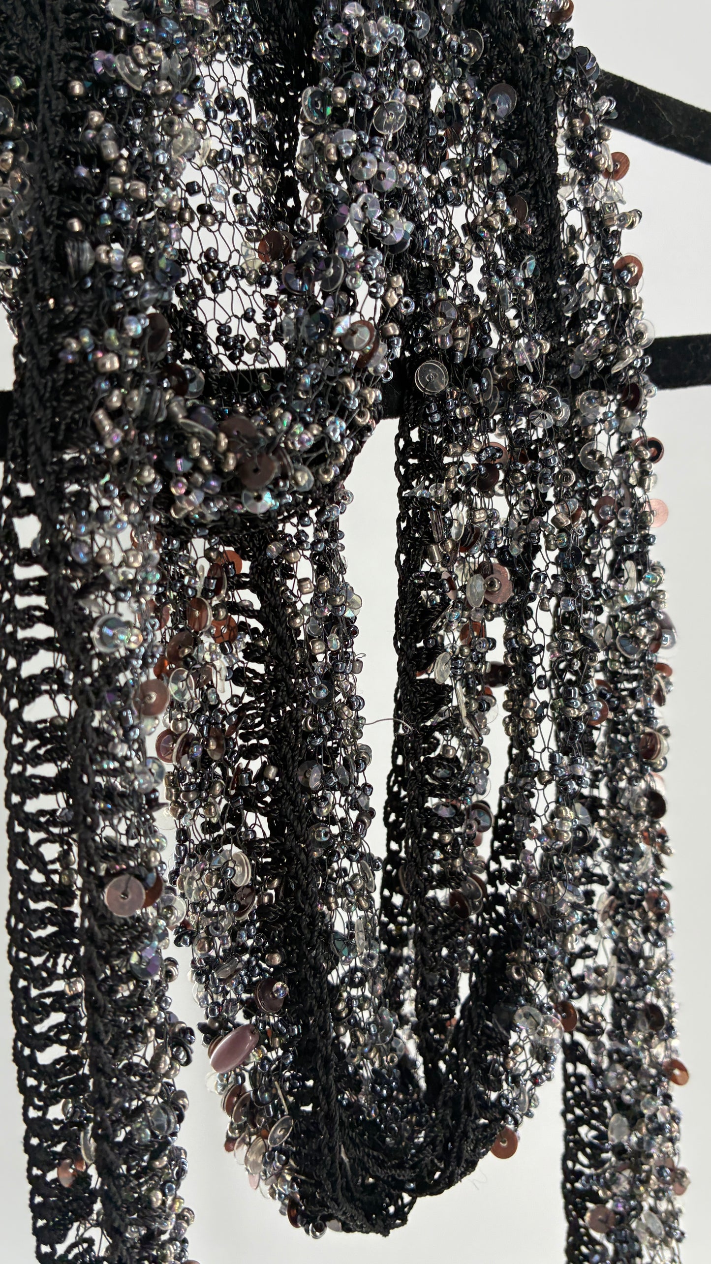 Vintage Black Netted + Crochet Scarf Necklace Covered in Heavy Beading