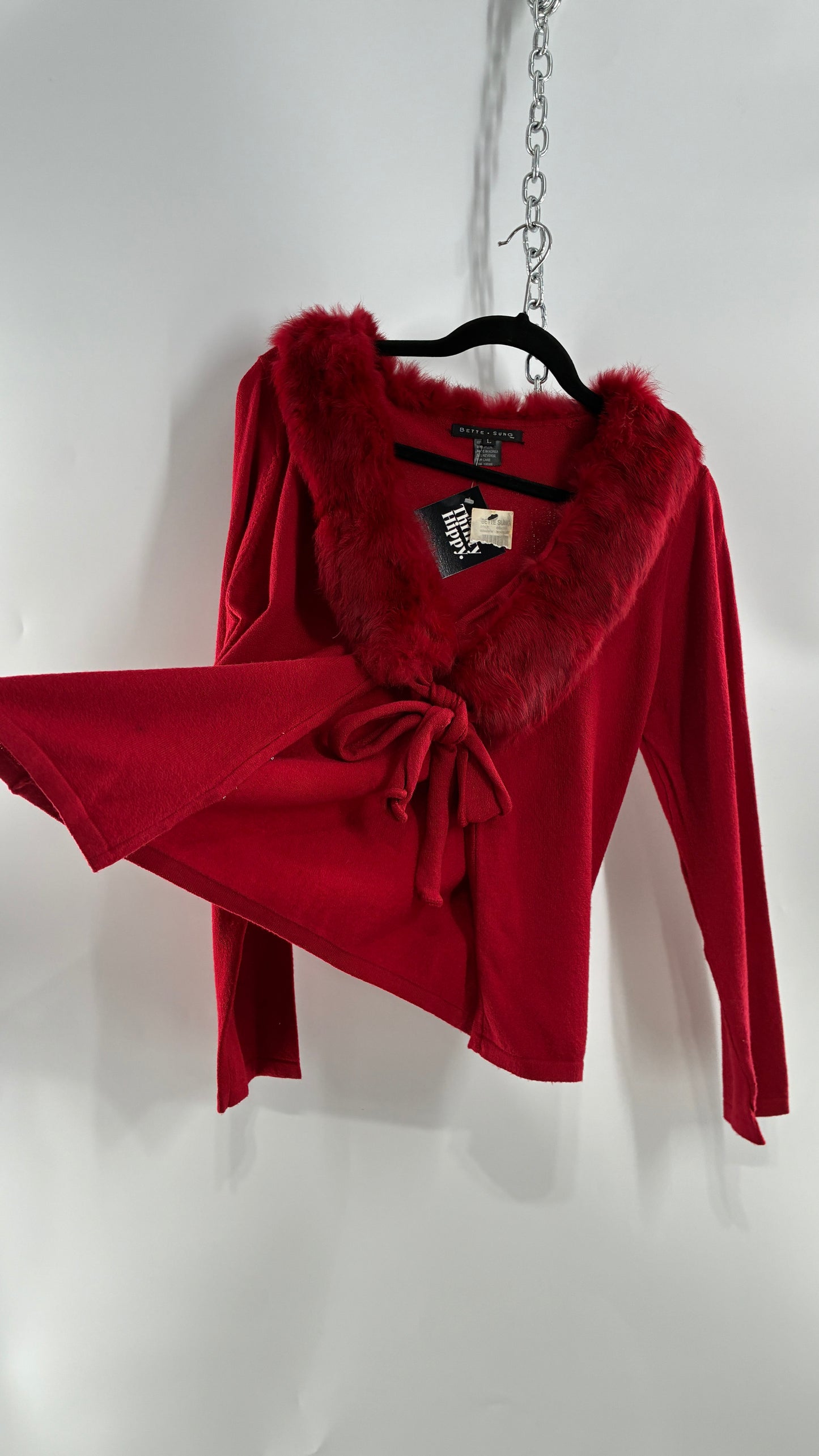 Deadstock Vintage BETTE SUNG Red Tie Bust Cardigan with Genuine Rabbit Fur Collar (Large)