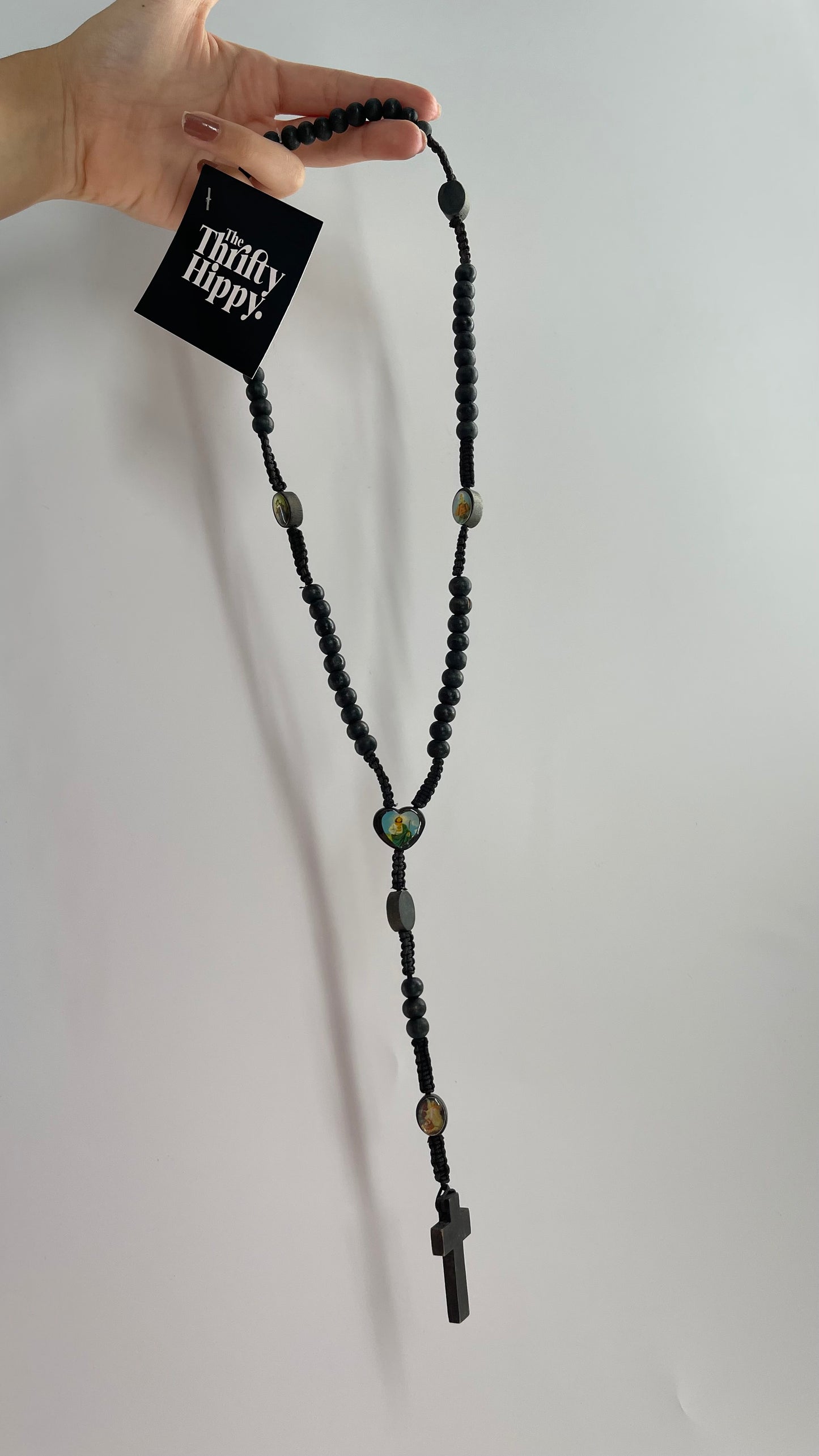 Vintage Black Rope Rosary Necklace Prayer Beads