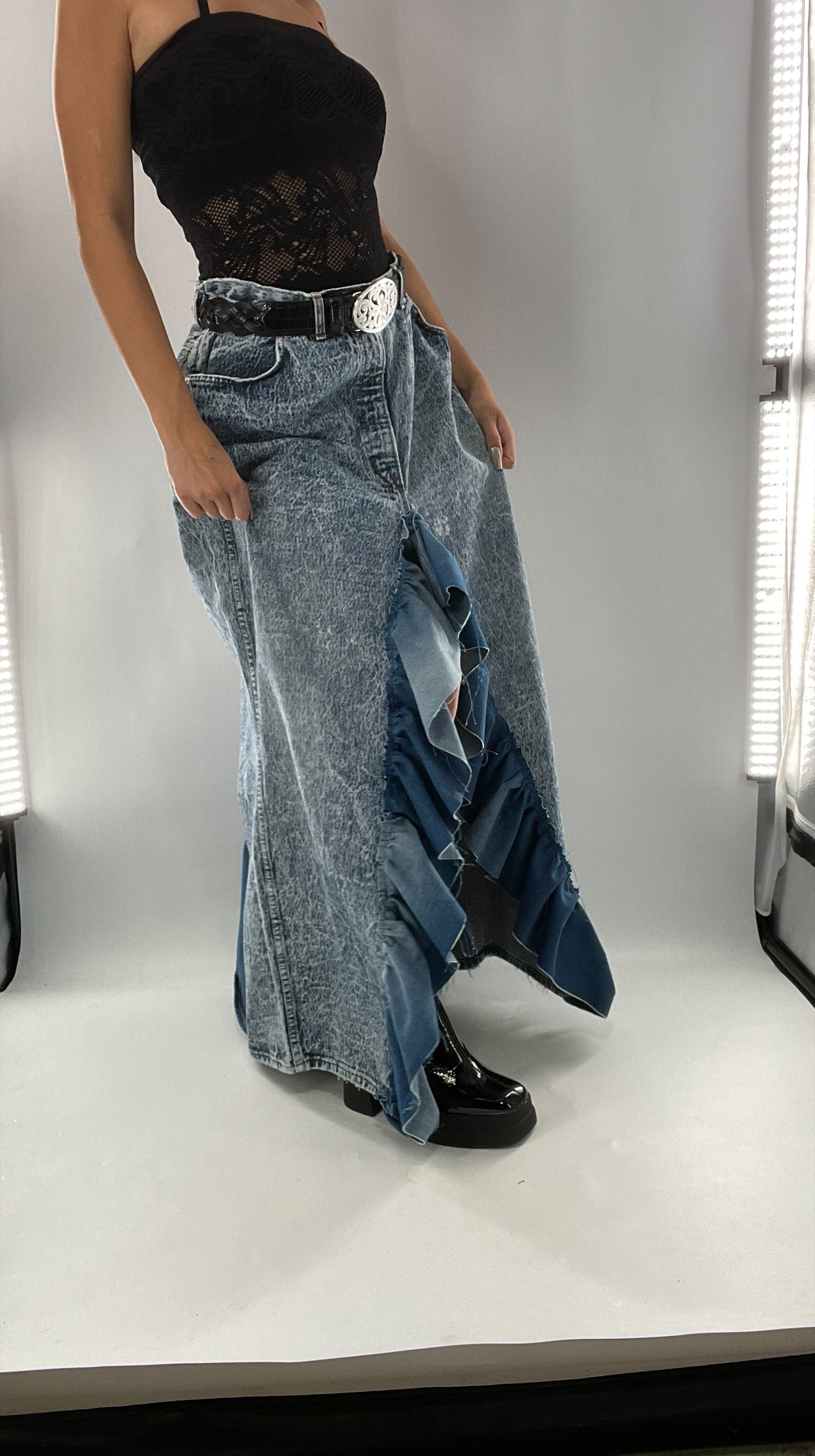 Custom Handmade Acid Wash Denim Slit Front Ruffled Skirt with Bow Bum (Large)