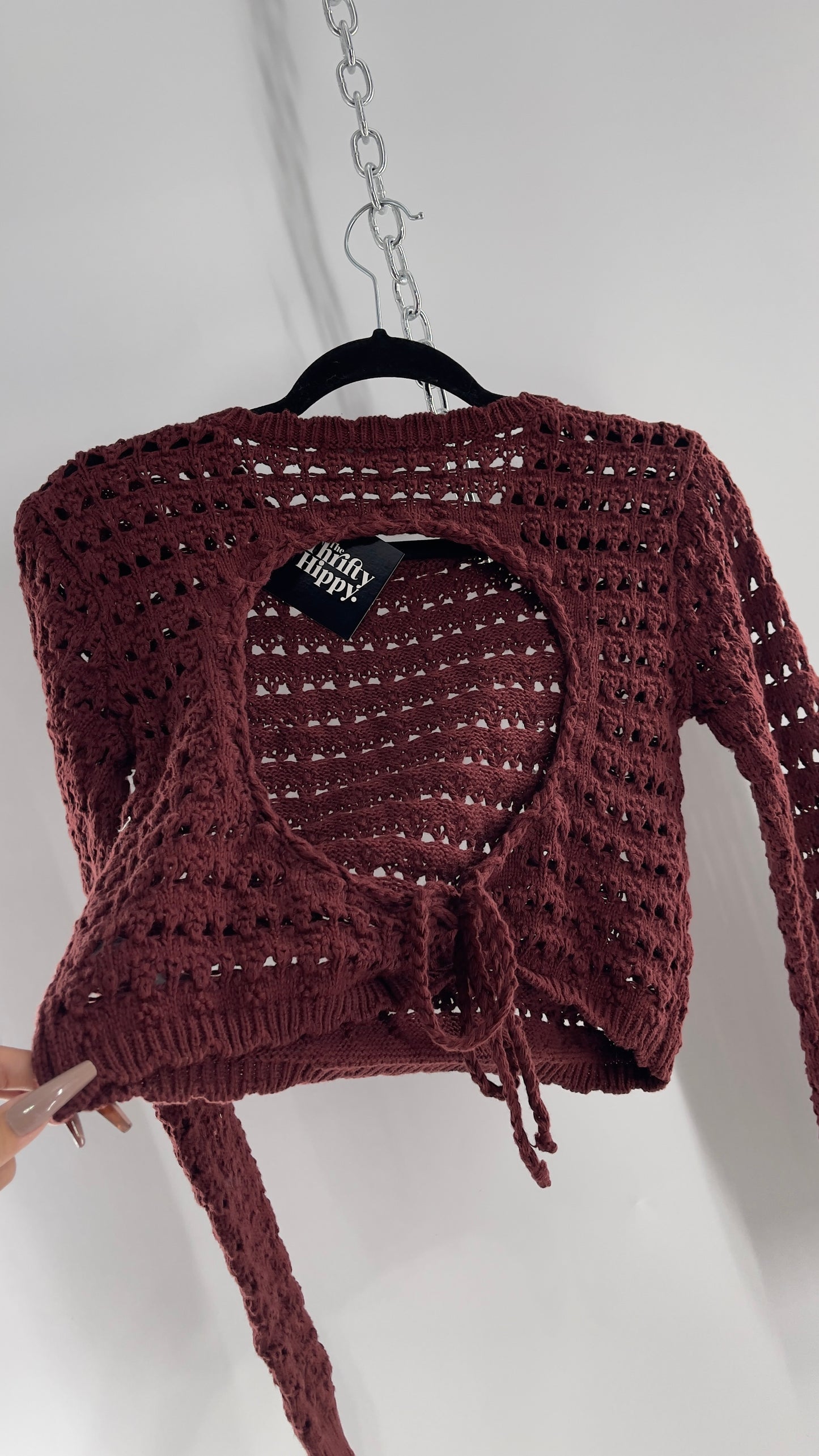 Free People Beach Brown Open Knit Sweater with Open Back (Small)