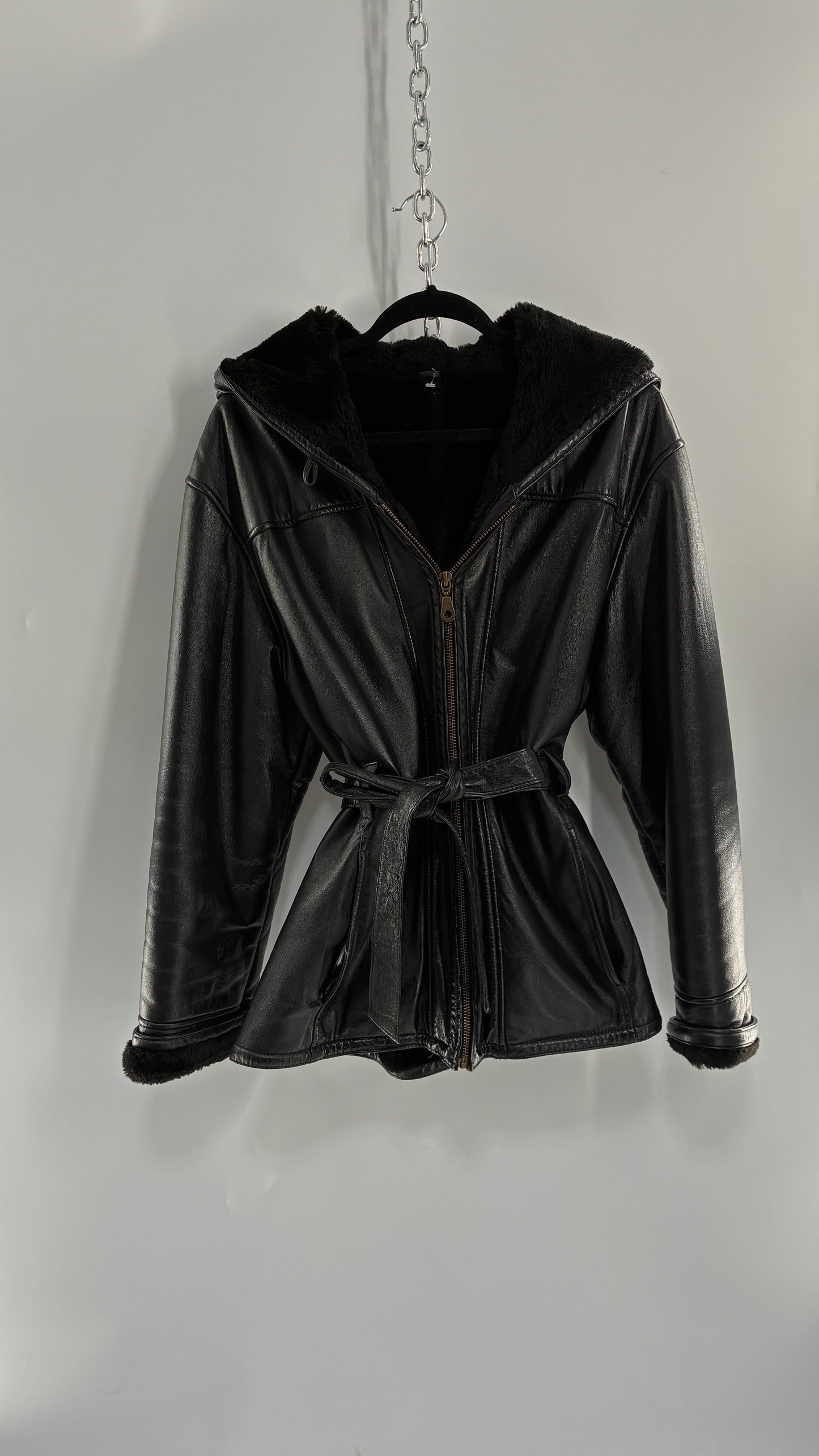 Vintage WILSON’S Fur Lined, Genuine Leather Waist Tie Jacket with Hood (Medium)