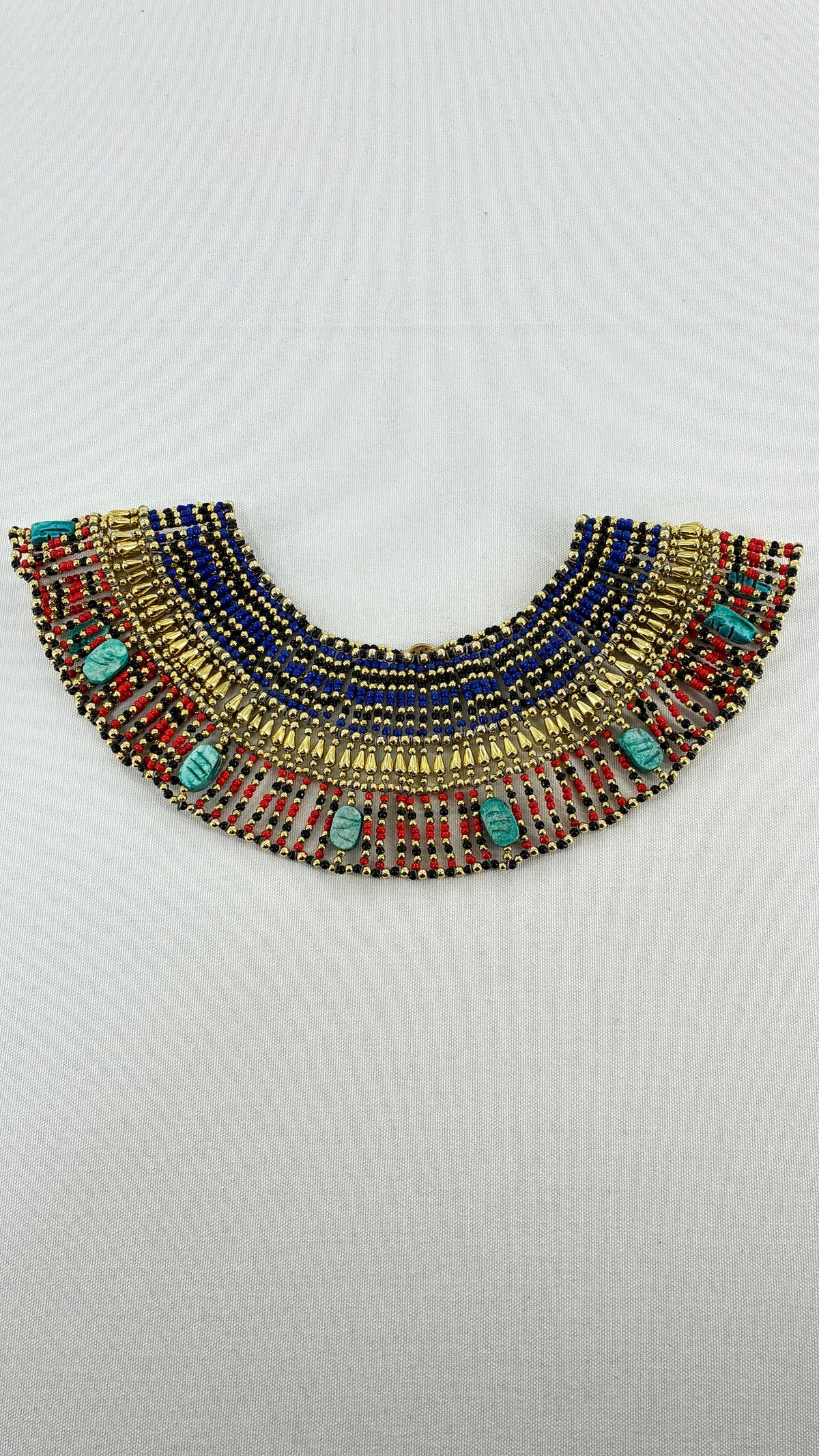 Vintage Egyptian Cleopatra Pharaoh Scarab Beaded Bib Necklace