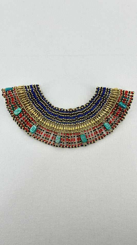 Vintage Egyptian Cleopatra Pharaoh Scarab Beaded Bib Necklace