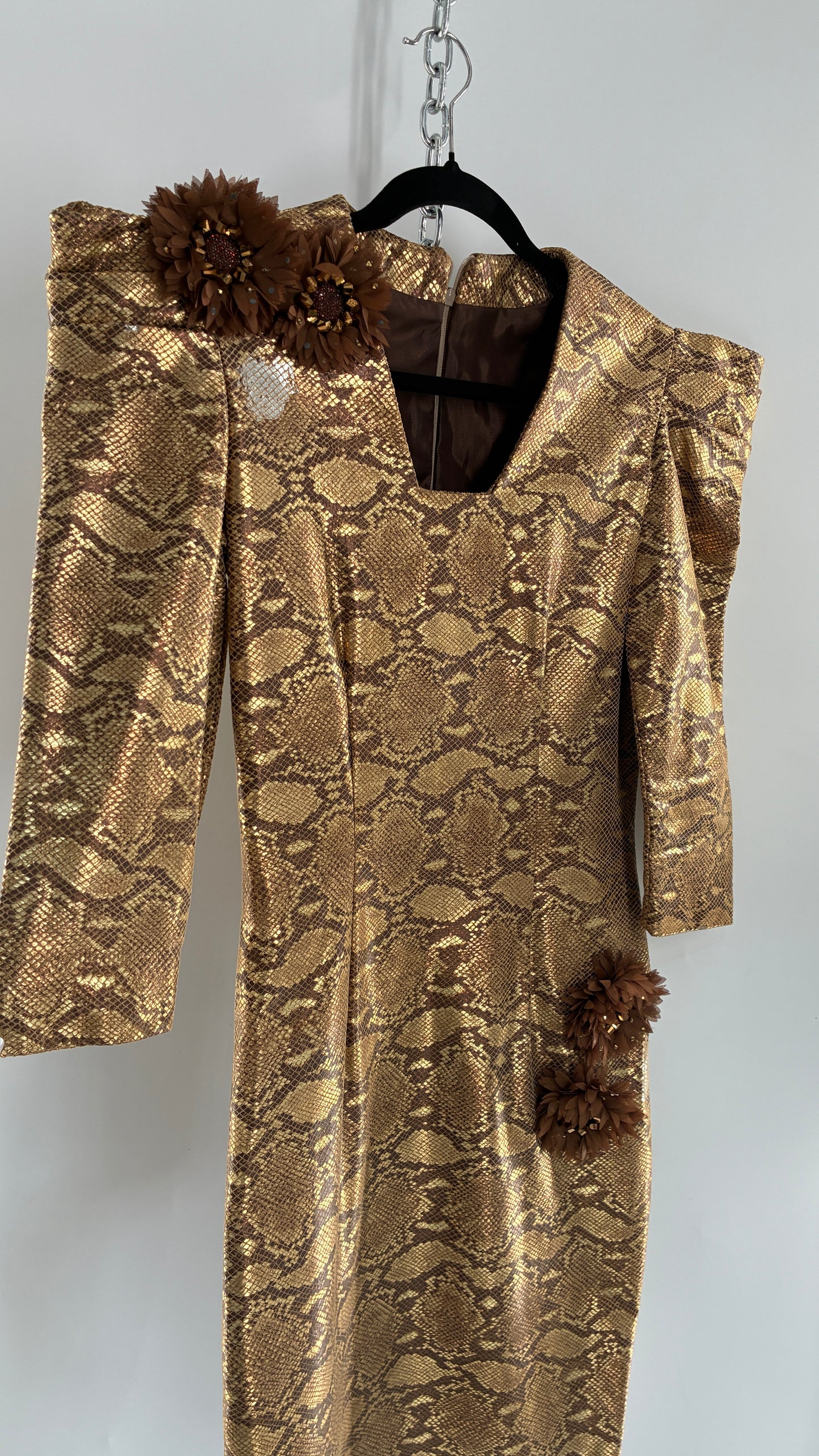 Vintage 1980s Handmade Genuine Leather Snakeskin Bronze Midi Dress with Floral Appliqués (Medium, See Measurements)